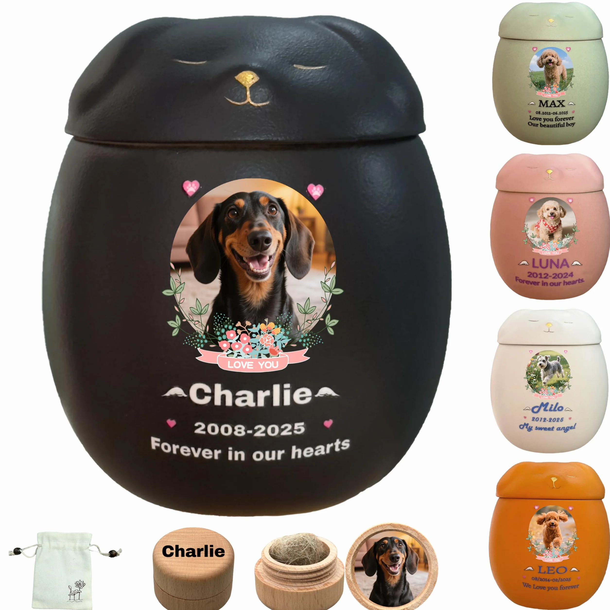 Urne Personnalisée pour Chien en Céramique, Boîte à Souvenirs Fait à la Main, Petit Noir pour Cendres ≤10 kg