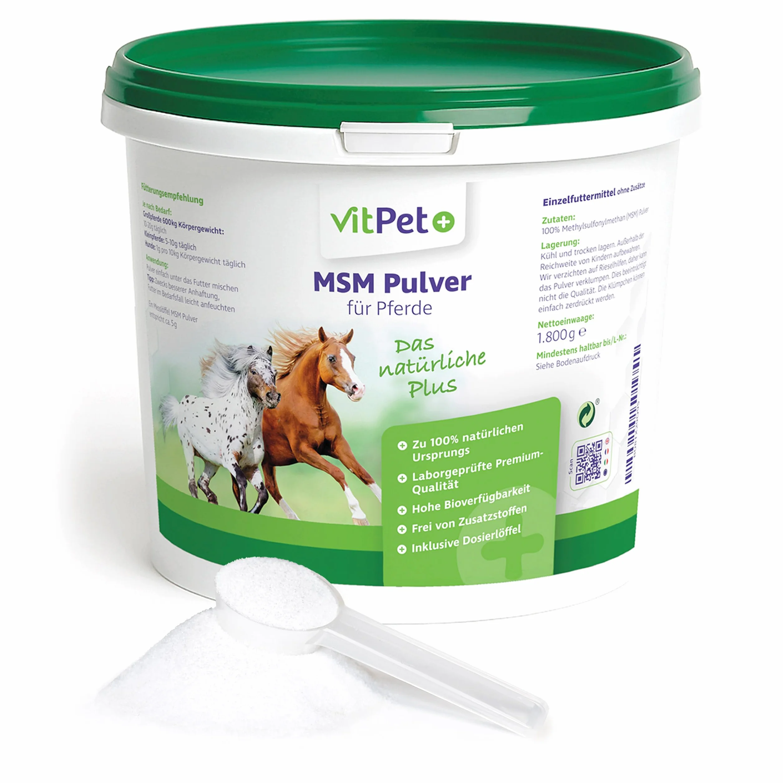 MSM Cheval – Premium MSM Poudre pour chevaux dans un seau de 1,8 kg avec cuillère doseuse (méthylsulfonylméthane / poudre de soufre pour chevaux et chiens)