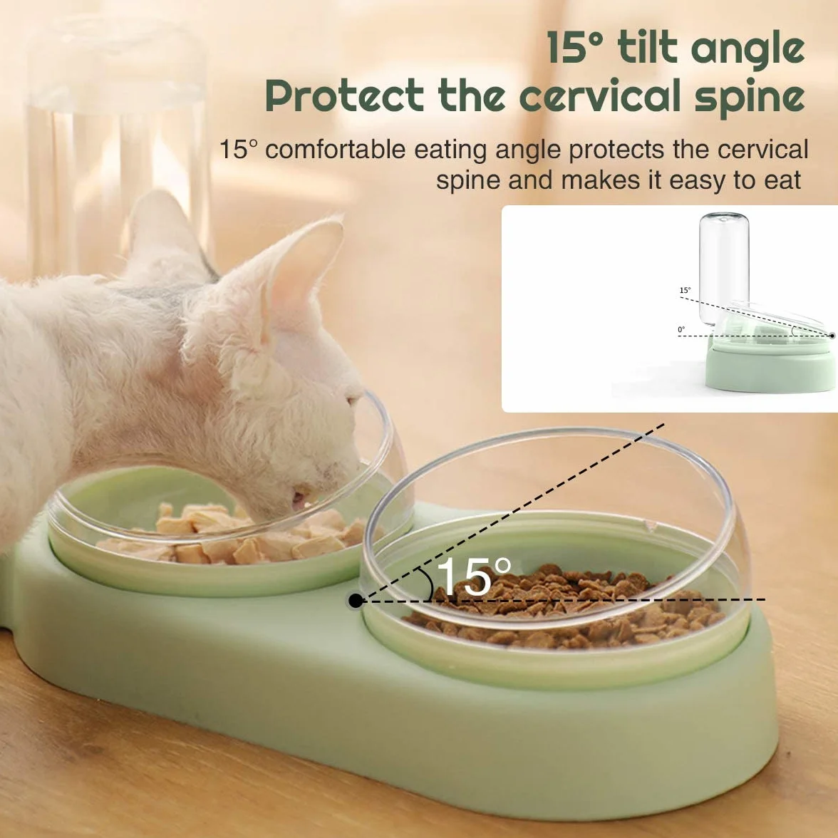 Double Gamelle Chat Surélevée Inclinable 15° Bol Anti-Vomissements 3-en-1 Stockage d'Eau Automatique Vert