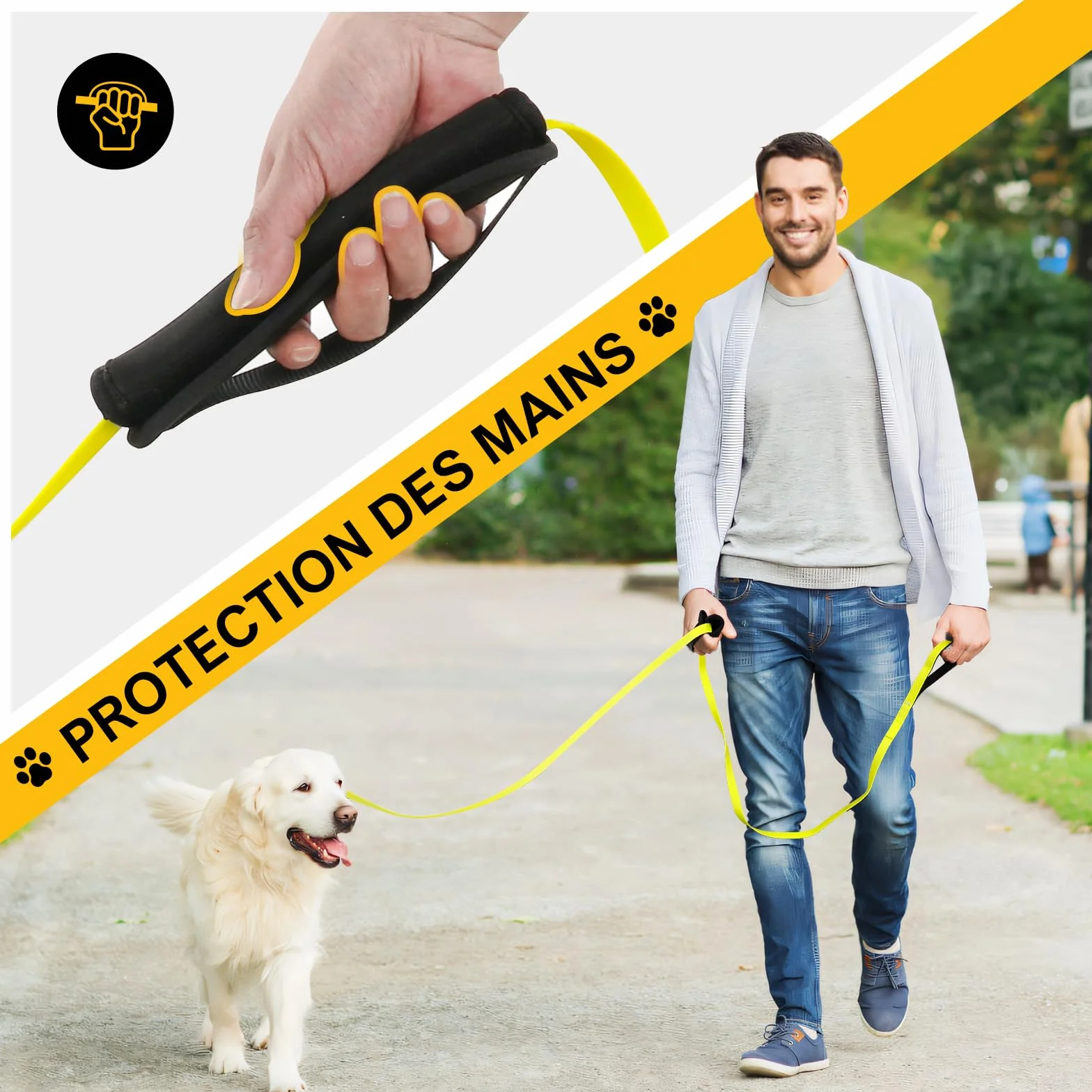 Longe pour Chien 15m avec Deux Poignées, Laisse de Dressage Solide, Sac de Rangement, Jaune-Vert