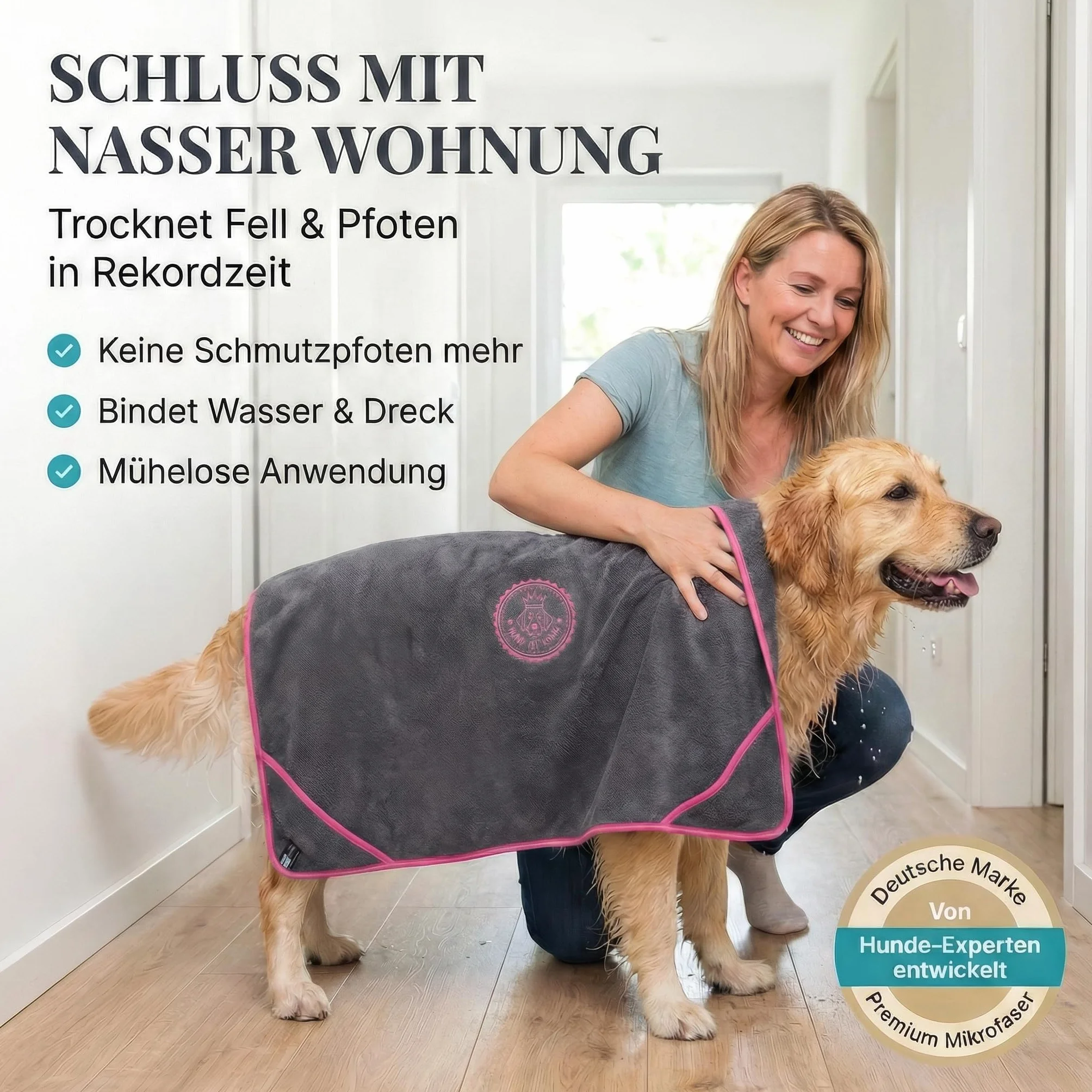 HUND IST KÖNIG Serviette pour Chien Extra absorbante Ultra Douce Microfibre 4 Poches Lavable 60 °C 130 x 75 cm