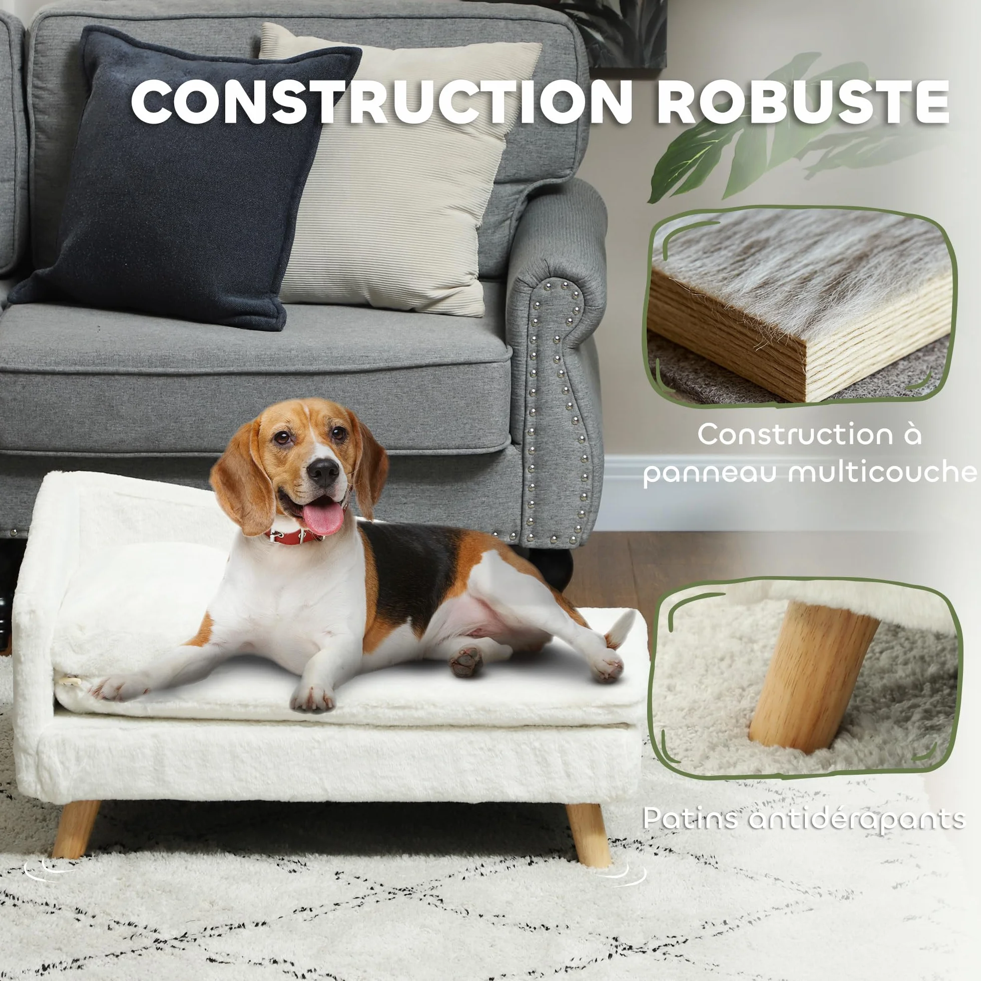 PawHut Canapé pour Chien Lit pour Chien Chat avec Coussin Moelleux Oreiller Housses Amovibles Lavables Peluche 70 x 42,5 x 38,5 cm Crème