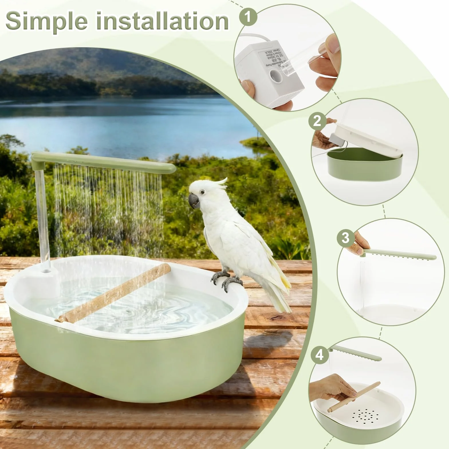 Bain d'oiseaux USB pour perruches, inséparables et aras (vert)