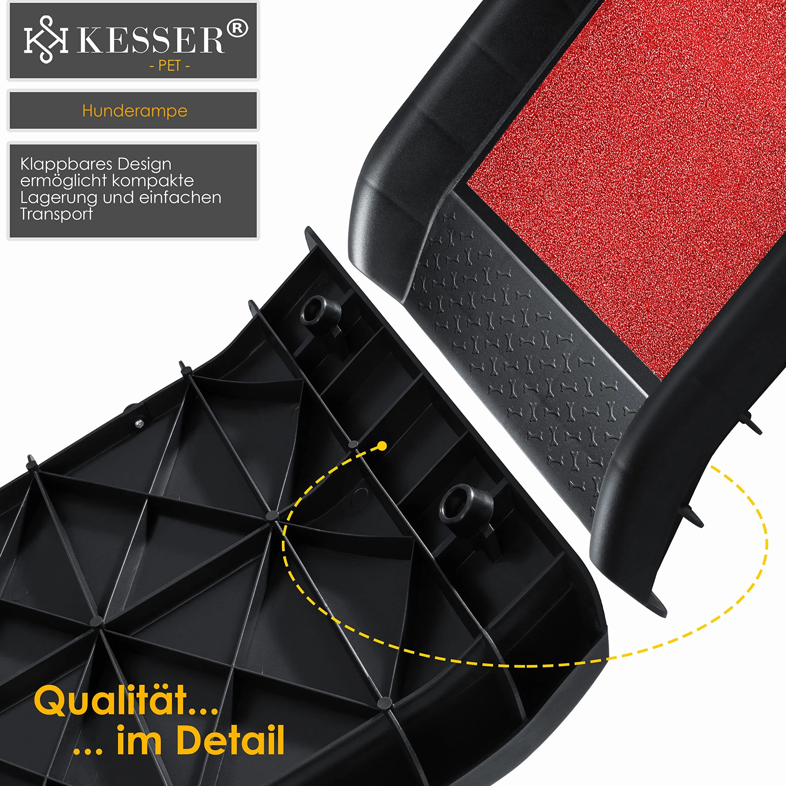 KESSER® Rampe de coffre pliable pour chien - Rampe de coffre pour animaux de compagnie - Jusqu'à 90 kg - 156 x 40 cm - Légèrement stable et antidérapante - Rouge