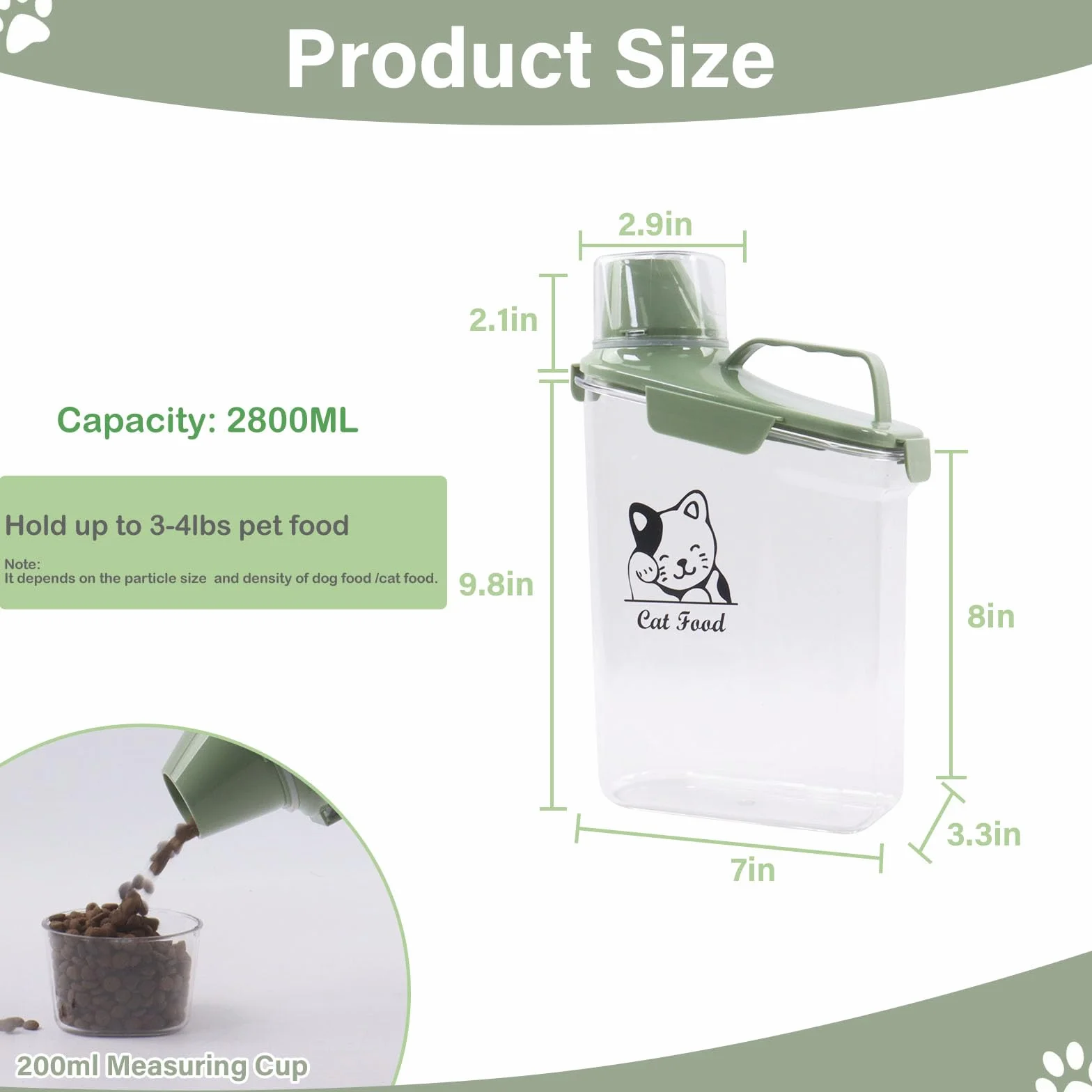 Boîte de rangement nourriture chat 2,8 l transparente avec gobelet doseur et bec verseur, Vert