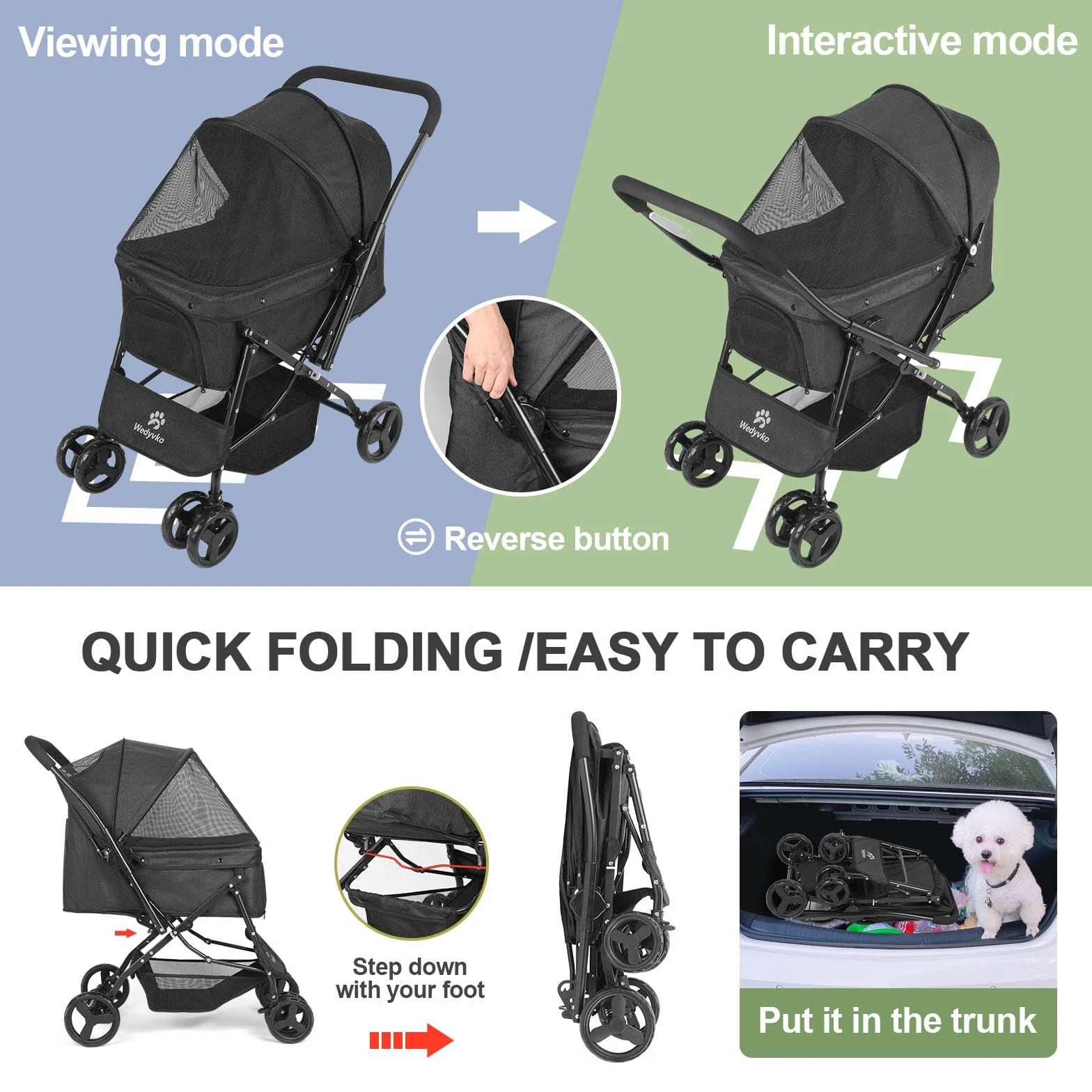Poussette pliable pour animal de compagnie noir 4 roues avec panier de rangement et roue avant 360° frein
