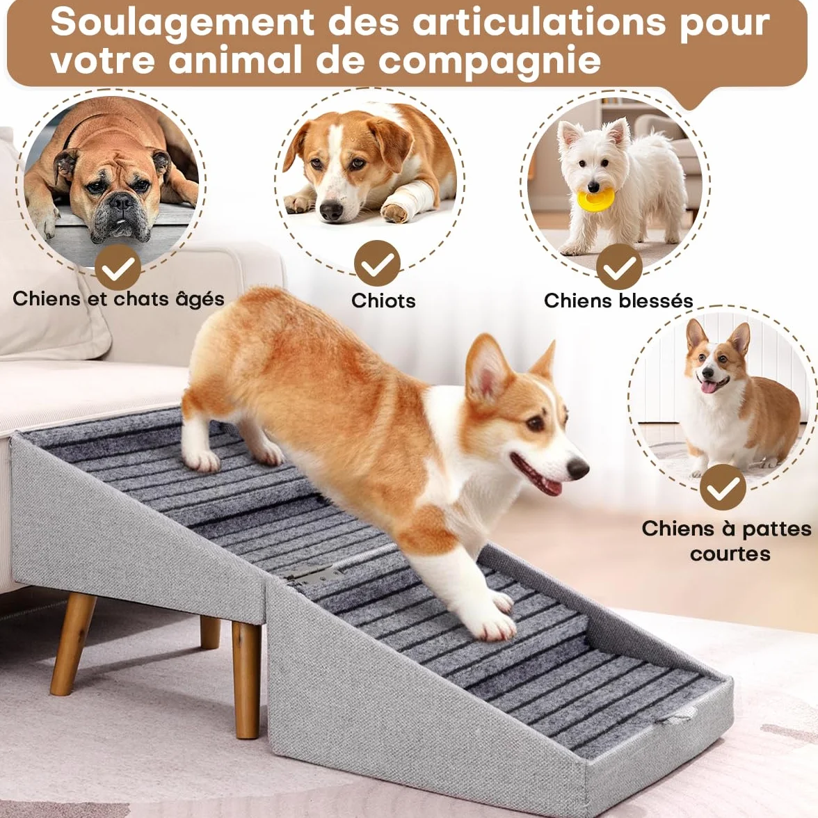 Escalier pour Chiens et Chats 2 en 1, 4 Marches Rampe Antidérapant pour Canapé Lit, Gris Clair 43,5 cm