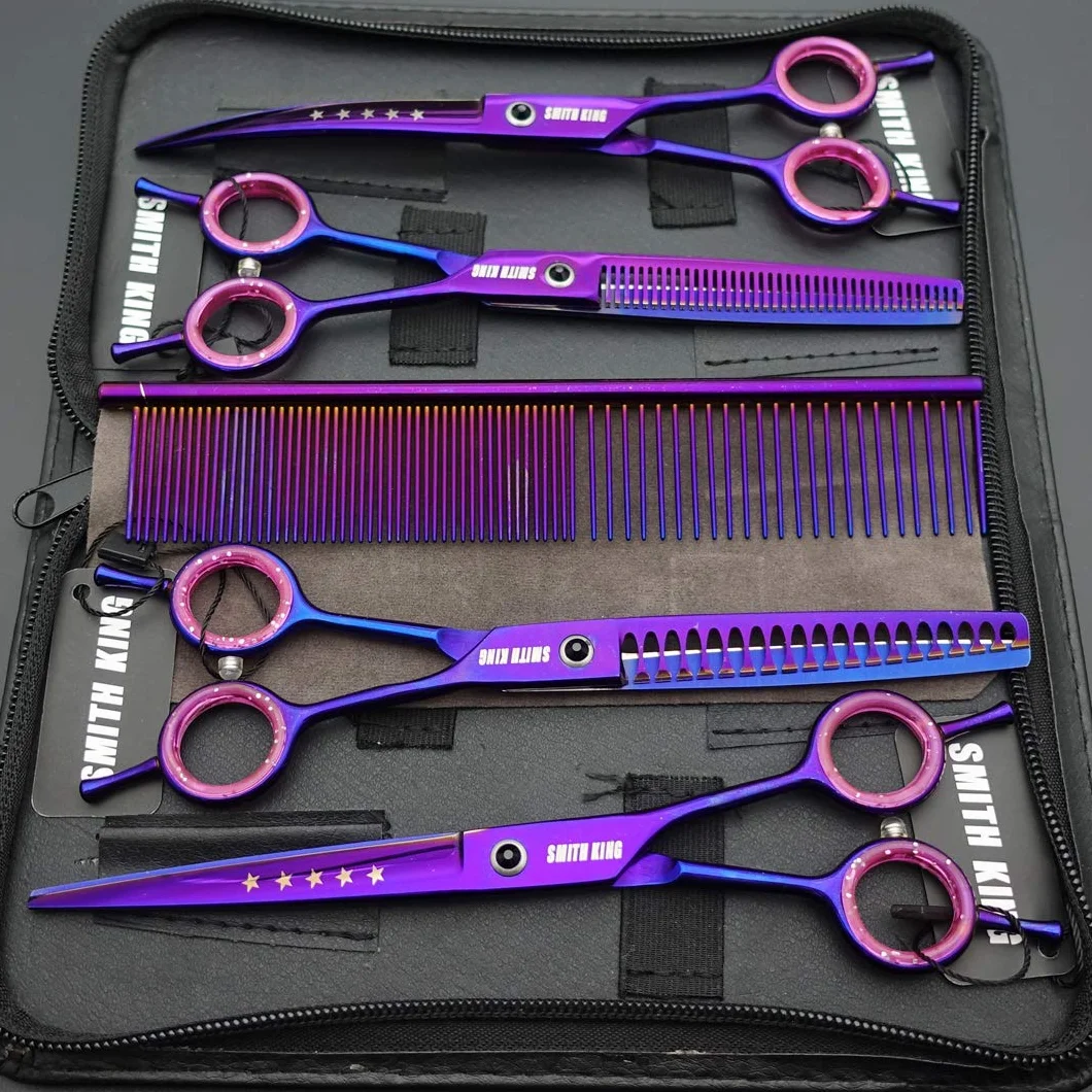 7,0 Zoll Professional Set de ciseaux de toilettage pour chiens Gerade & Ausdünnen & Gebogen & Chunker & Kamm 5 Stück in 1 Set für Linkshänder & Rechtshänder