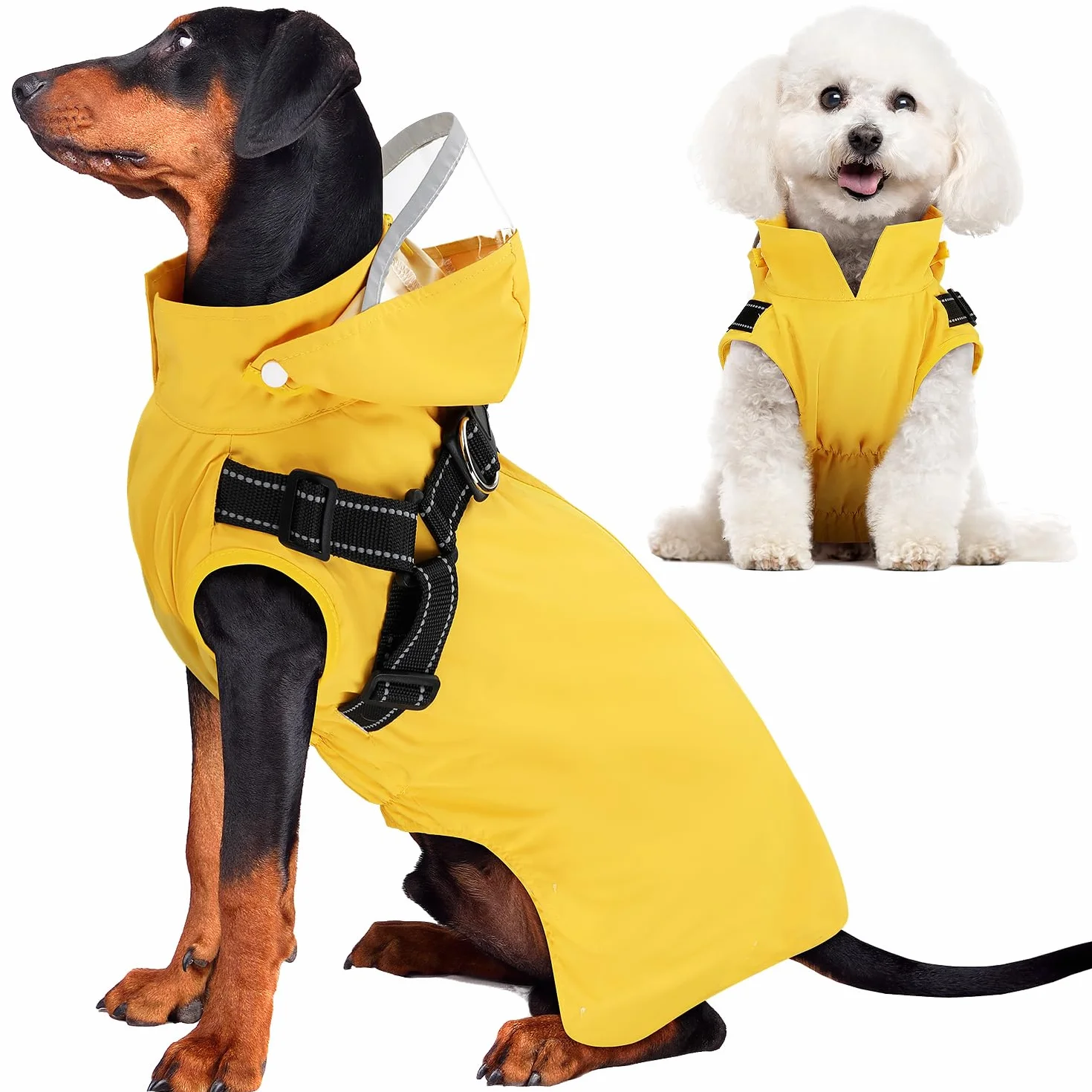 SlowTon Imperméable pour Chien - Manteau de Pluie pour Chien avec Harnais de Poitrine, Capuche Amovible, Veste de Pluie imperméable à Fermeture éclair, Poncho de Pluie pour Chien sans Manches avec