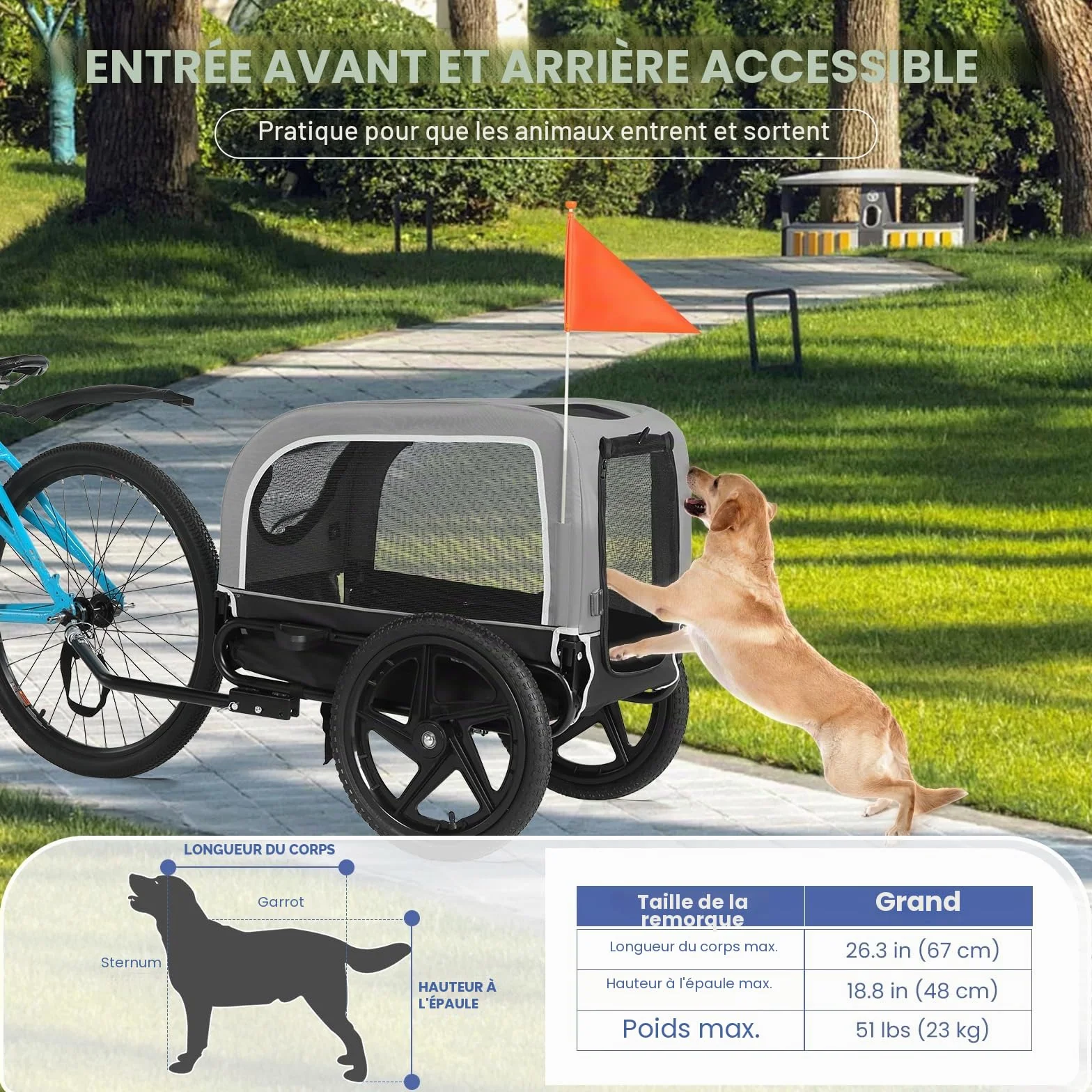 Remorque de vélo pour Chiens de Petite et Moyenne Taille, 23 kg, Pliable, avec Roues à dégagement Rapide, idéale pour Les randonnées à vélo et Les activités de Plein air