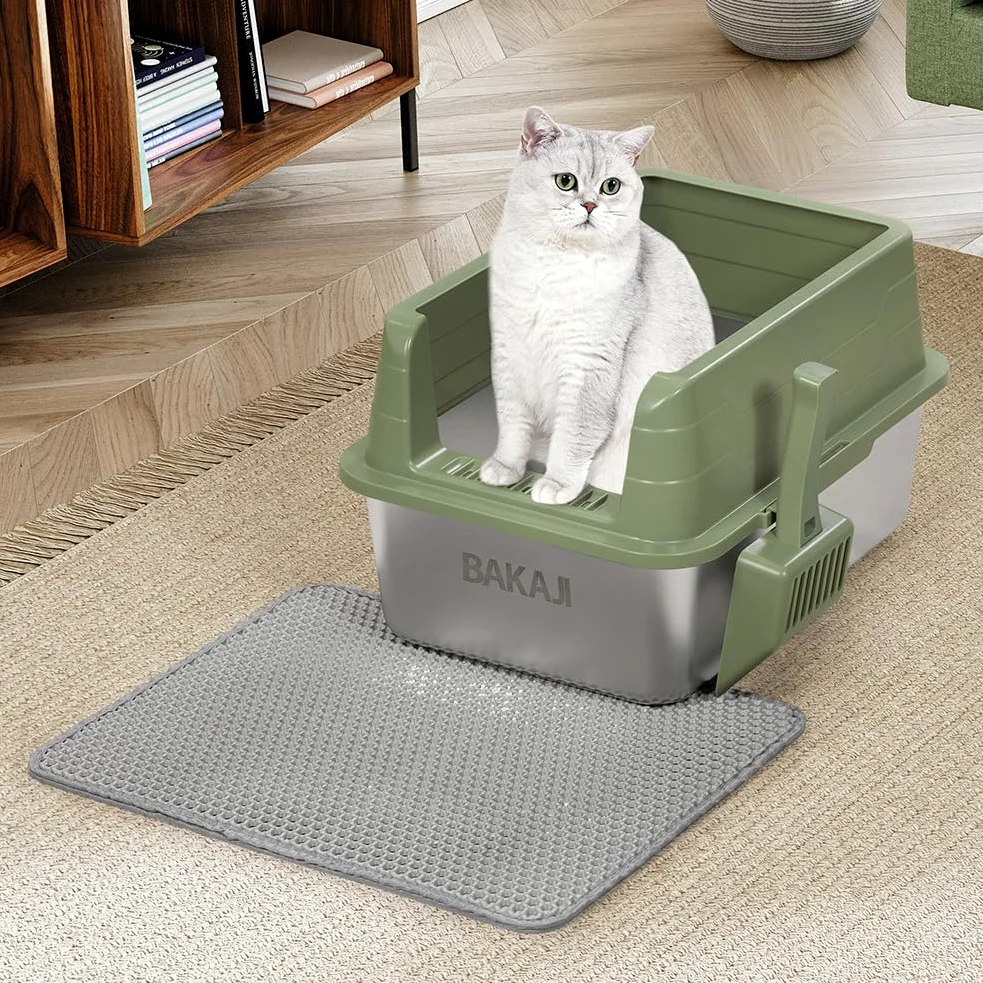 BAKAJI Litière pour Chat XL Ouverte avec Base en Acier avec Sac Anti-Sable, Pelle pour Collecte, Tapis Anti-saleté, Base antidérapante, capacité 25 litres, Couleur Verte, 50 x 35 x 30 cm