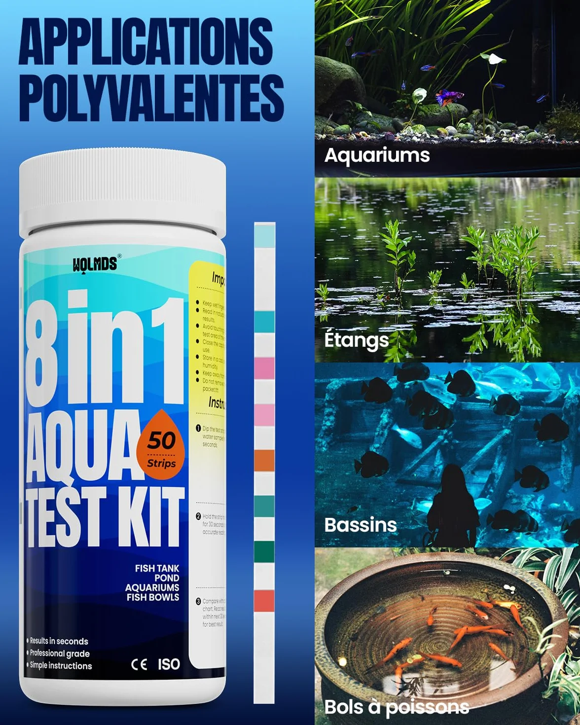 Bandelettes de test d'aquarium 8 en 1 – 50 tests rapides pour eau douce et salée, nitrite, ammoniac