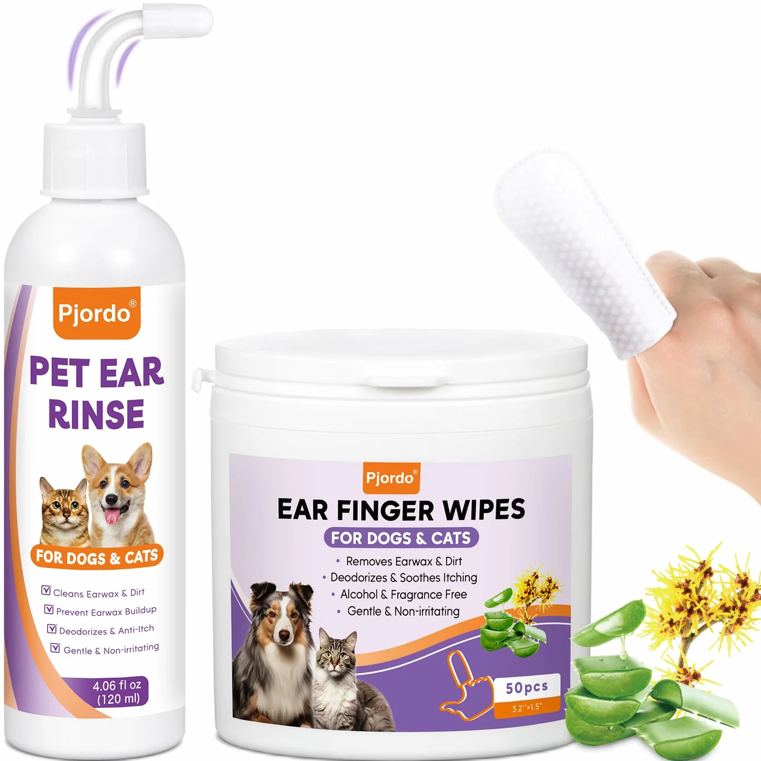 Pjordo Nettoyant pour oreilles de chien avec aloe vera et hamamélis - Lingettes et solution nettoyante