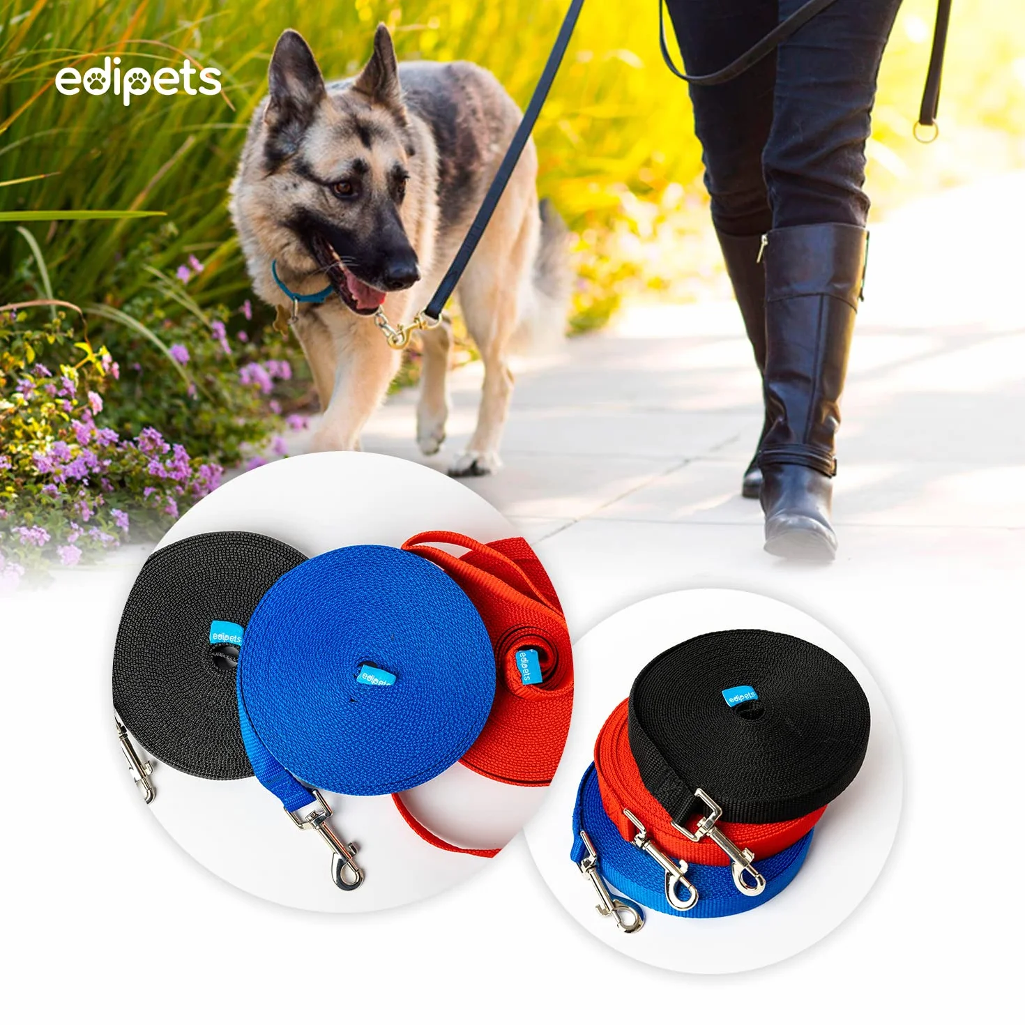 Longe pour Chien 1.5m 3m 5m 10m 15m Rouge Edipets