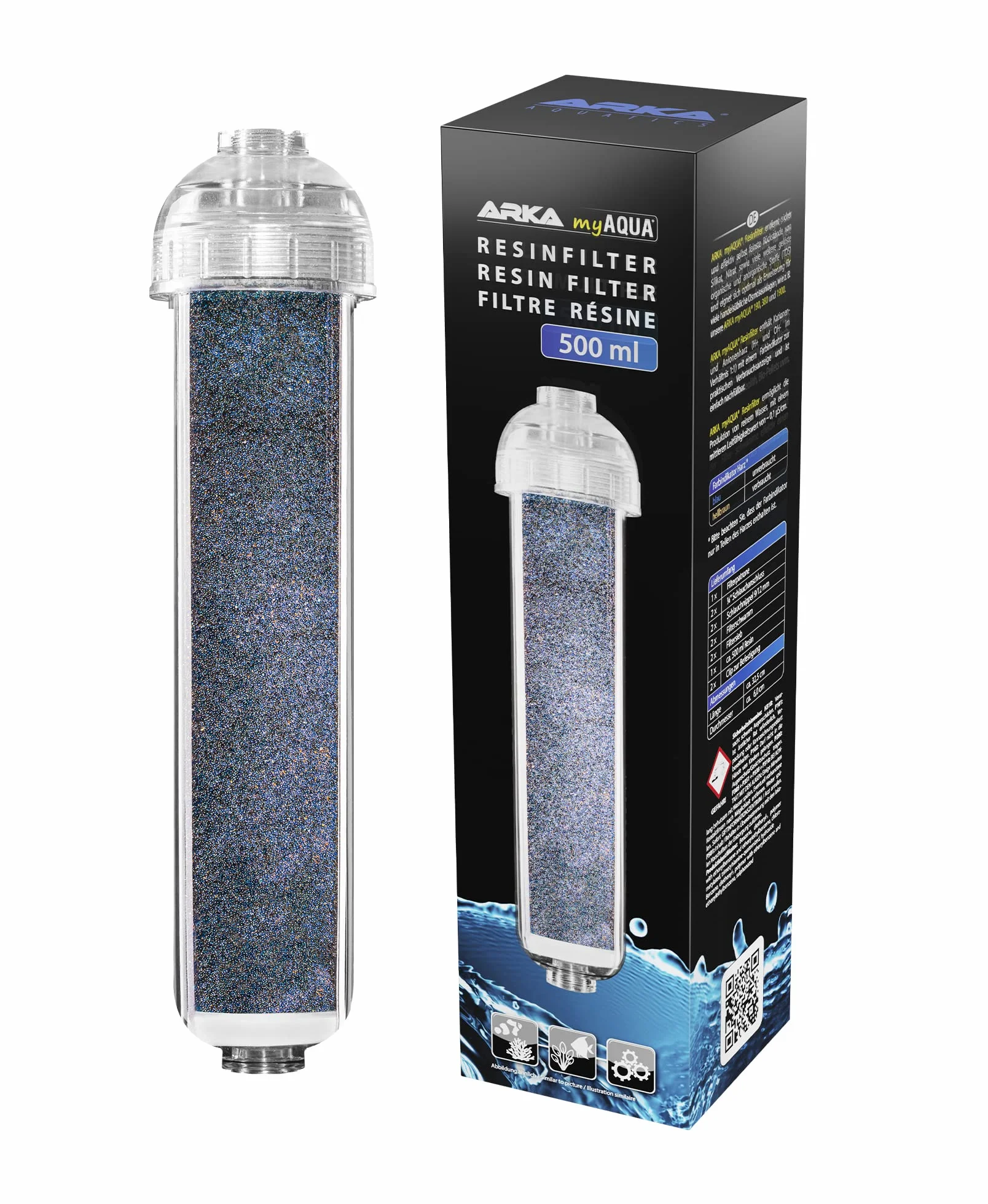 ARKA myAQUA Resinfilter Filtre eau Ultra-Pure à Haute Performance résine lit mélangé élimine Silicate Nitrate TDS Rechargeable Changement visuel Couleur