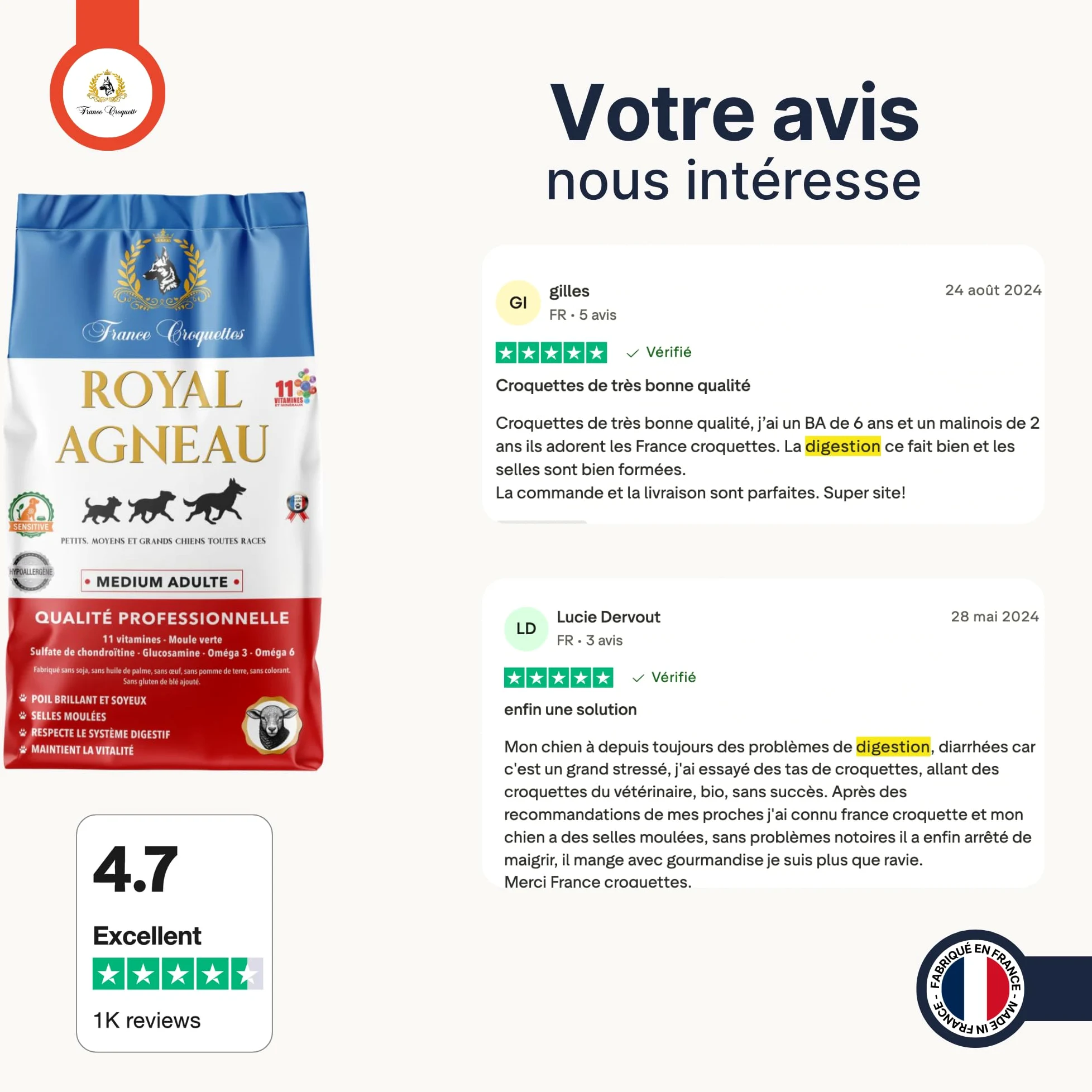 Croquettes hypoallergéniques Chien Adulte France Croquettes Royal Agneau – sans blé, hautement digestes, Riches en protéines, avec prébiotiques & probiotiques pour Flore intestinale Saine - 12KG