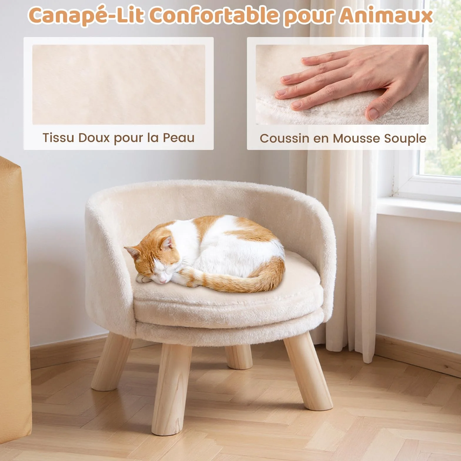 COSTWAY Canapé Lit pour Chien Chat 30 kg, Coussin Amovible, Bois de Pin, 42 x 42 x 33 cm, Beige