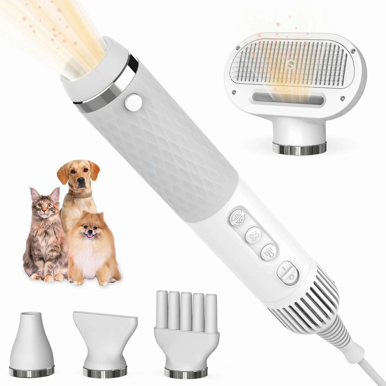 KUUBIA Séchoir 5 en 1 Pour Chien et Chat | Pulseur Avec Brosse Slicker | Sèche Poils Puissant 900 W | Portable, Silencieux, Ions Négatifs, NTC