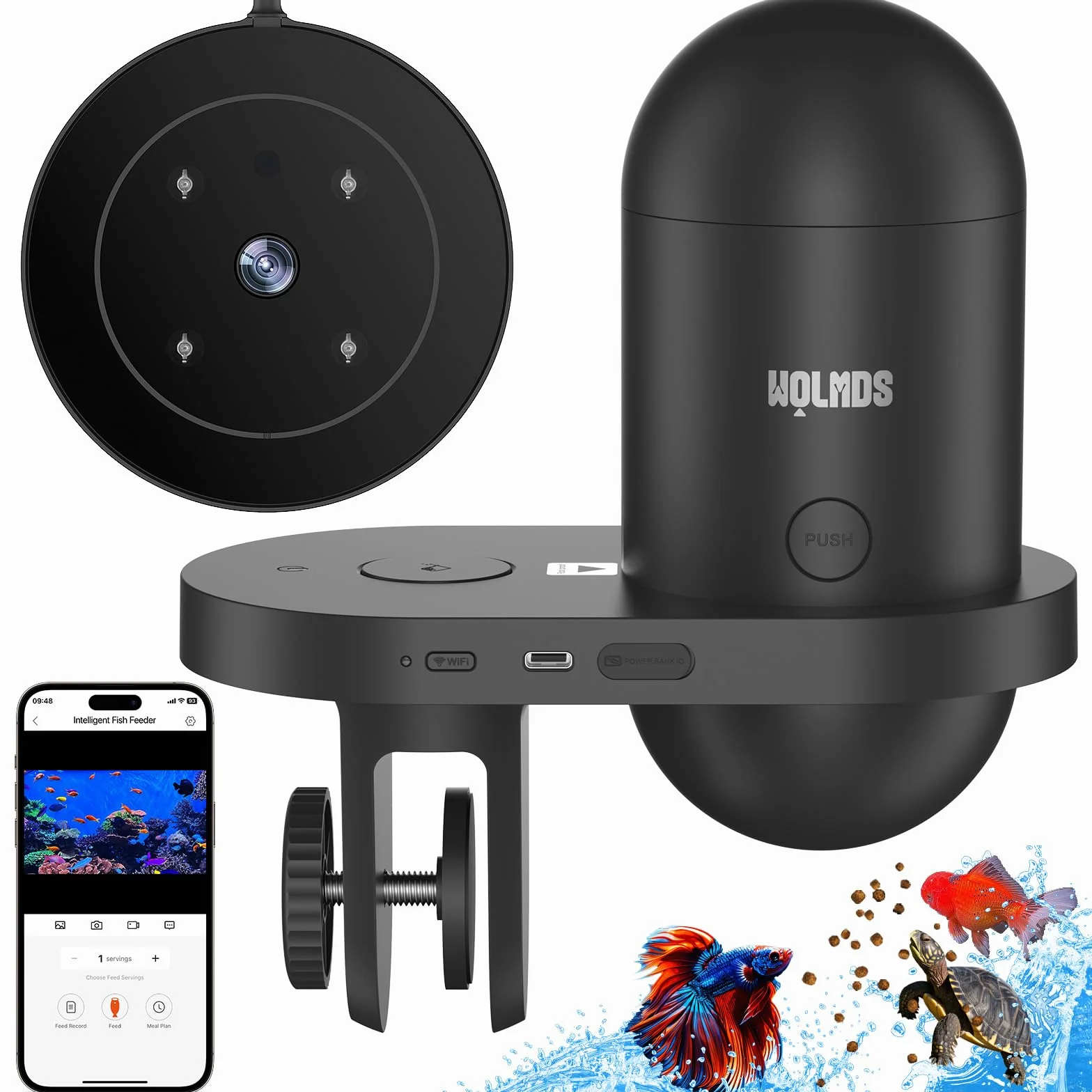 Mangeoire pour Poissons Automatique WOLMDS avec Caméra 2.5K et WiFi/App, 230ml Étanche, Gris Foncé