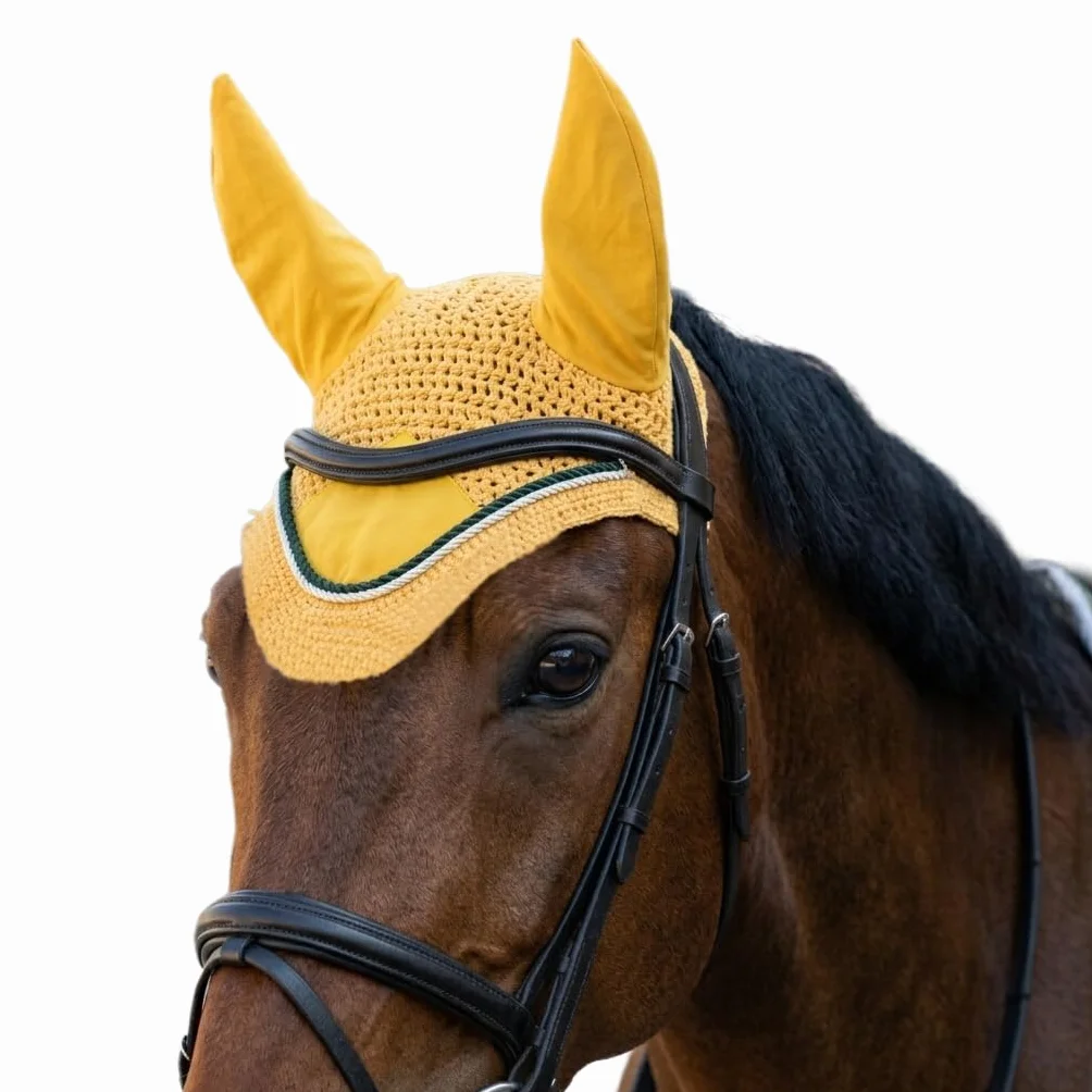 Spire Voile de protection pour cheval en coton respirant doux au crochet - Masque de protection contre les mouches (complet, jaune/noir/blanc)