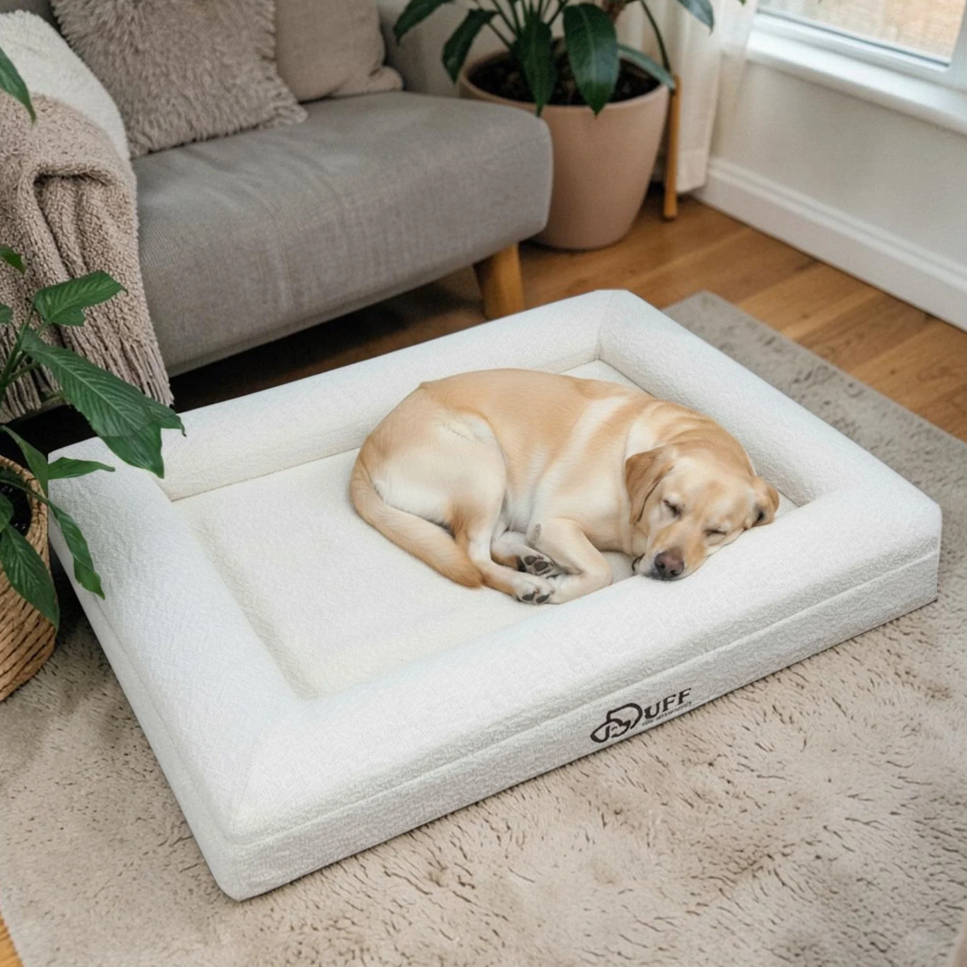 Duff® Lit Orthopédique Chien Grande Taille L (115x90 cm) – Matelas Mémoire de Forme Haute Densité – Tissu Bouclette Premium, Housse Lavable – Confort Durable & Élégant