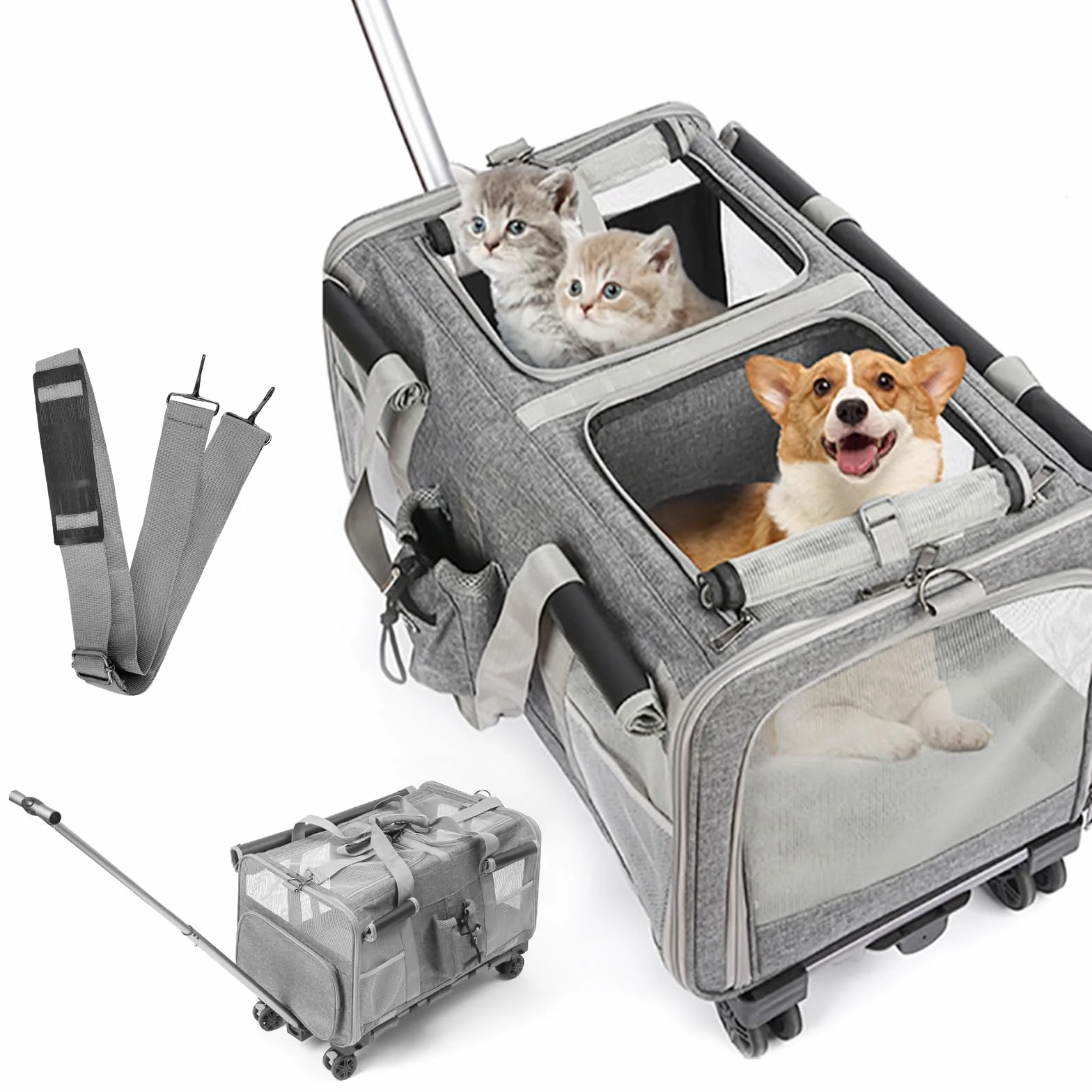 Sac à roulettes pour Chat Chien Pliable Transporteur Roulant, Sac de Transport Chats Poignée Télescopique Bandoulière pour 2 Chats et Petits Chiens jusqu'à 20 kg, Design ventilé