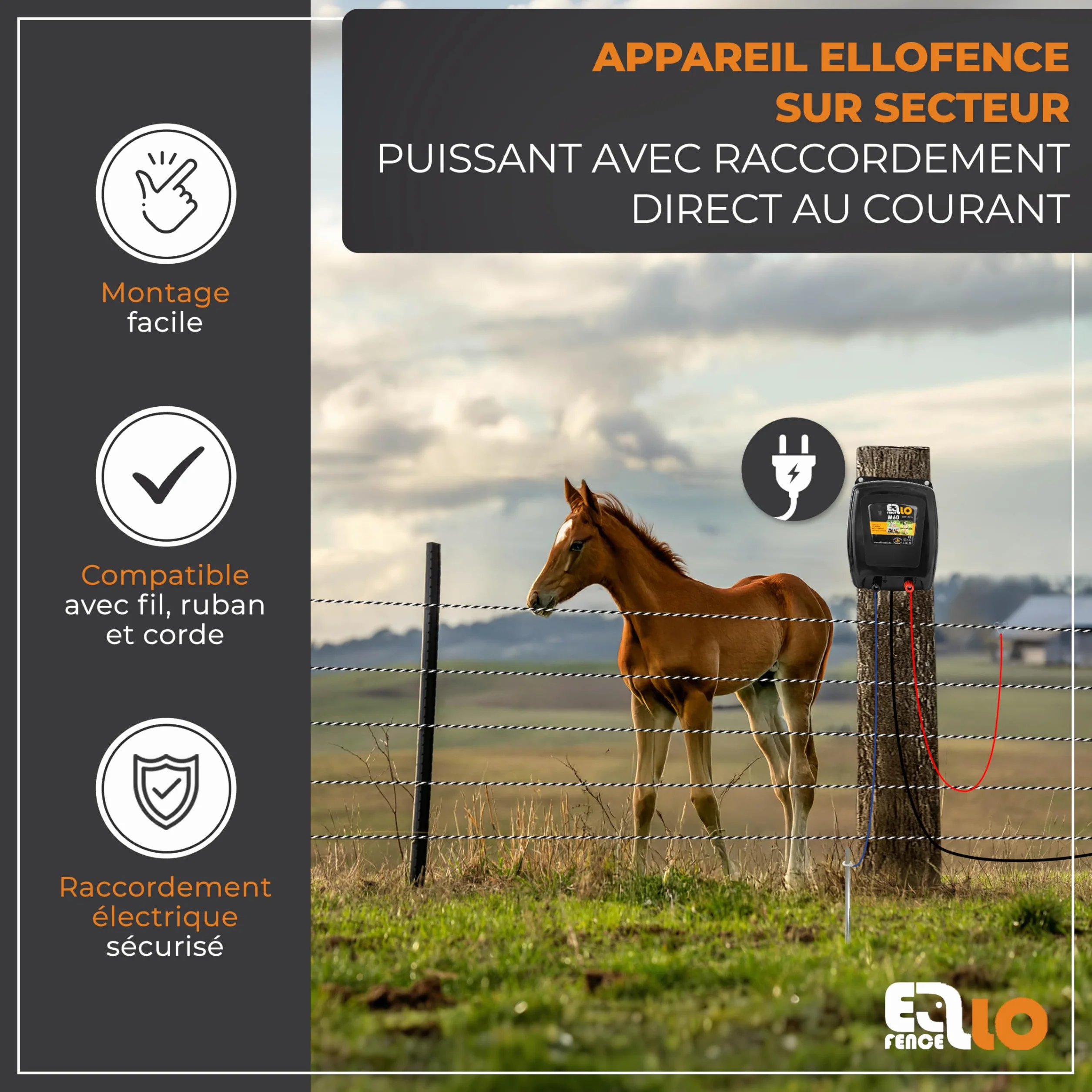 Électrificateur clôture électrique 230 V secteur M60 - Appareil premium pour animaux domestiques et d'élevage