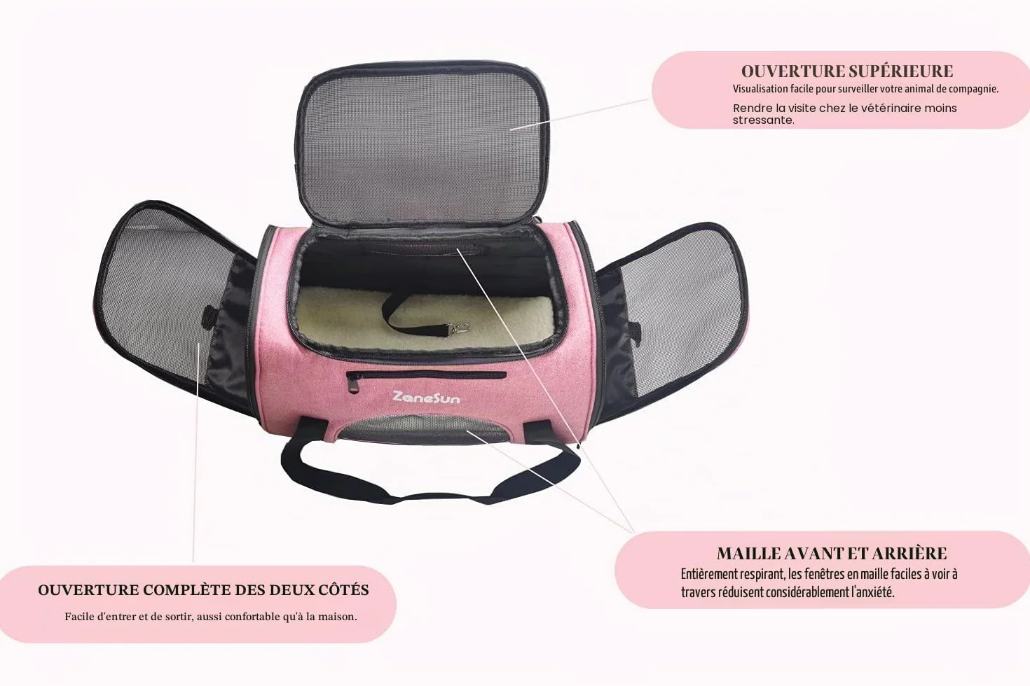 ZaneSun Sac de transport souple pour chat et chien petite taille, approuvé compagnies aériennes, voyage, respirant, 5 fenêtres maille rose