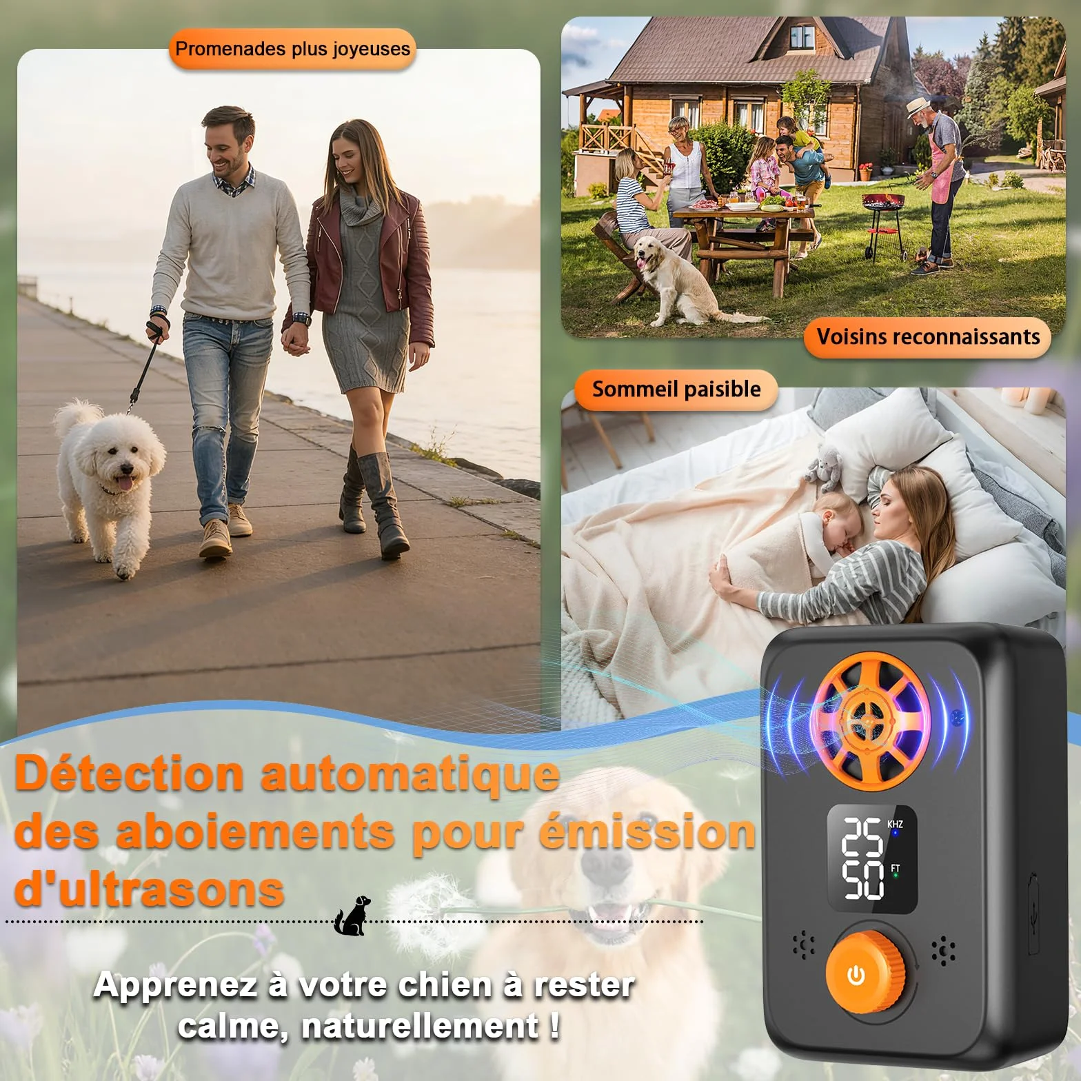 Appareil Anti-Aboiement Ultrasonique Chien 5 Fréquences Ajustables 3 Portées Intérieur/Extérieur