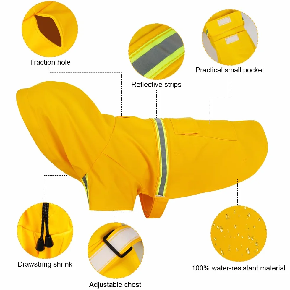 OSDUE Imperméable Chiens, Manteau de Pluie Réglable avec Capuchon et Réfléchissantes Manteaux Imperméables Légers & Confortables 100% Étanche et Aéré pour Petits, Moyens et Grands Chiens(Jaune, 3XL)