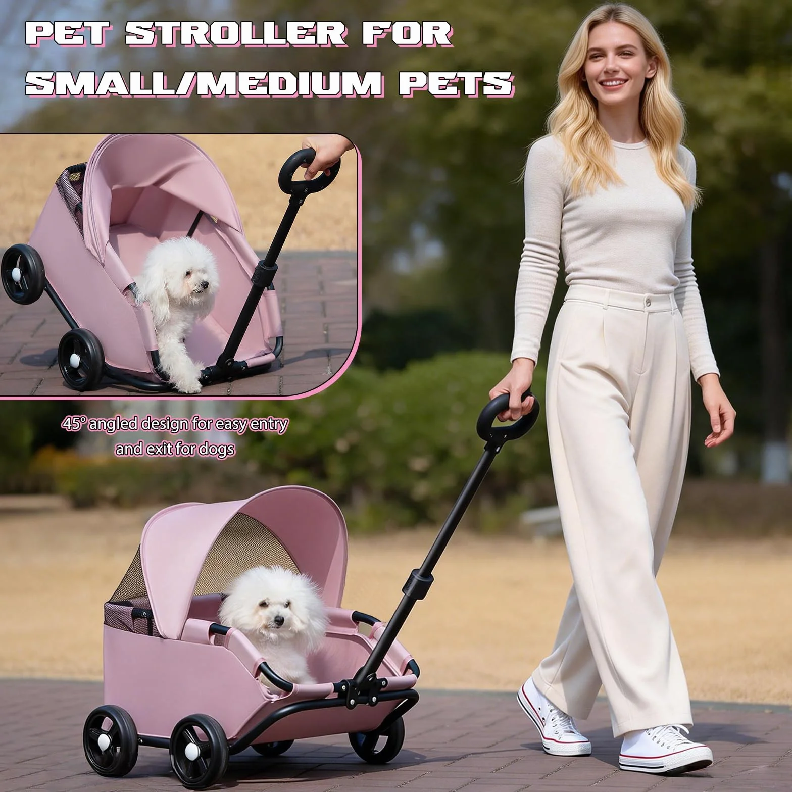 Chariot pour chien pliable 4 roues barre pivotante 360° Tissu Oxford 600D rose