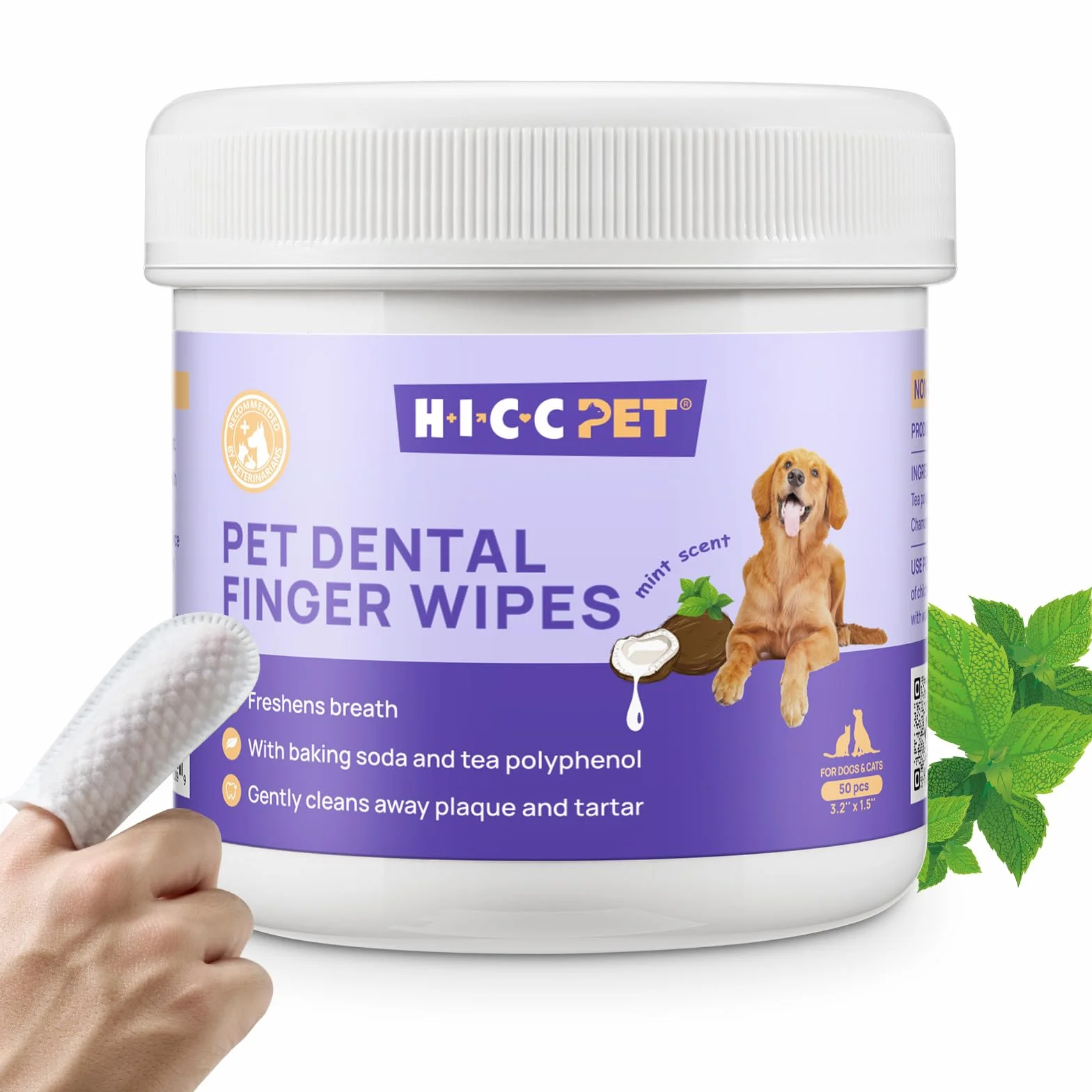 HICC PET Serviettes de nettoyage des dents pour chiens et chats, Enlevez la mauvaise haleine, Brosse à dents à doigts sans rinçage (Minte)