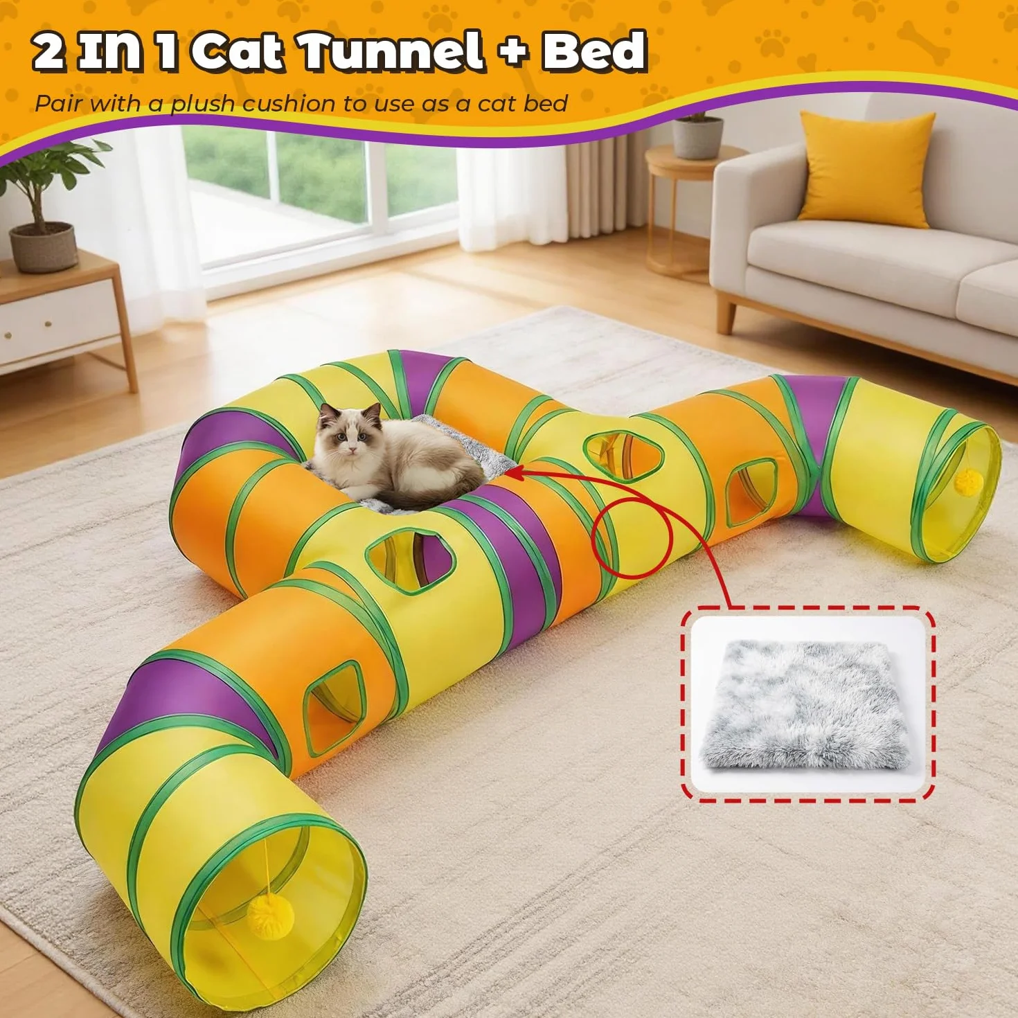 Tunnel de Jeu pour Chat Interieur, Jouer Tube pour Chat avec Pompons Suspendus et Trou interactif pour Chatons, Chiots, Lapins, furets, cochons d'Inde