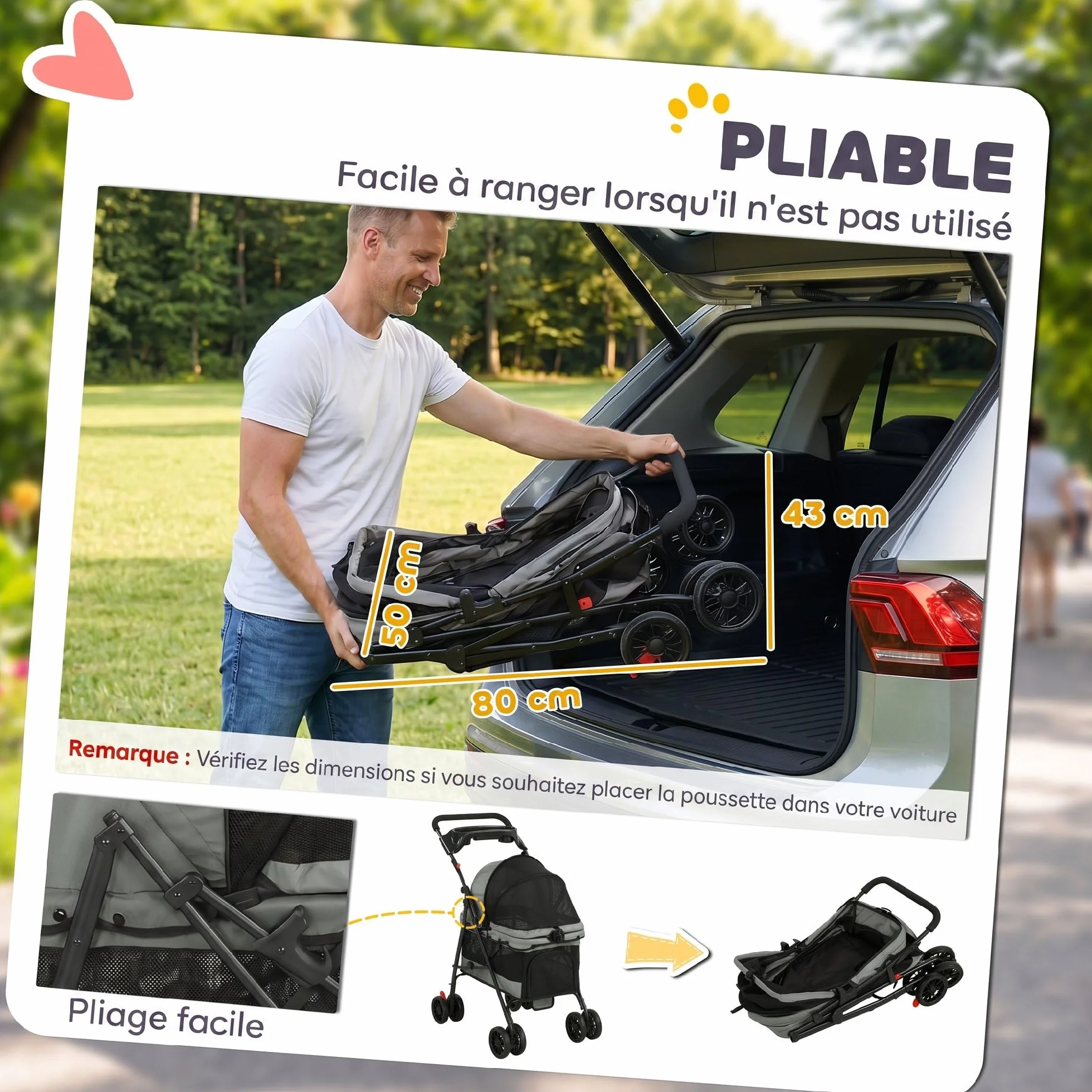 PawHut Poussette pour Chien avec 4 Roues EVA, Chariot Pliable, Frein, Gris