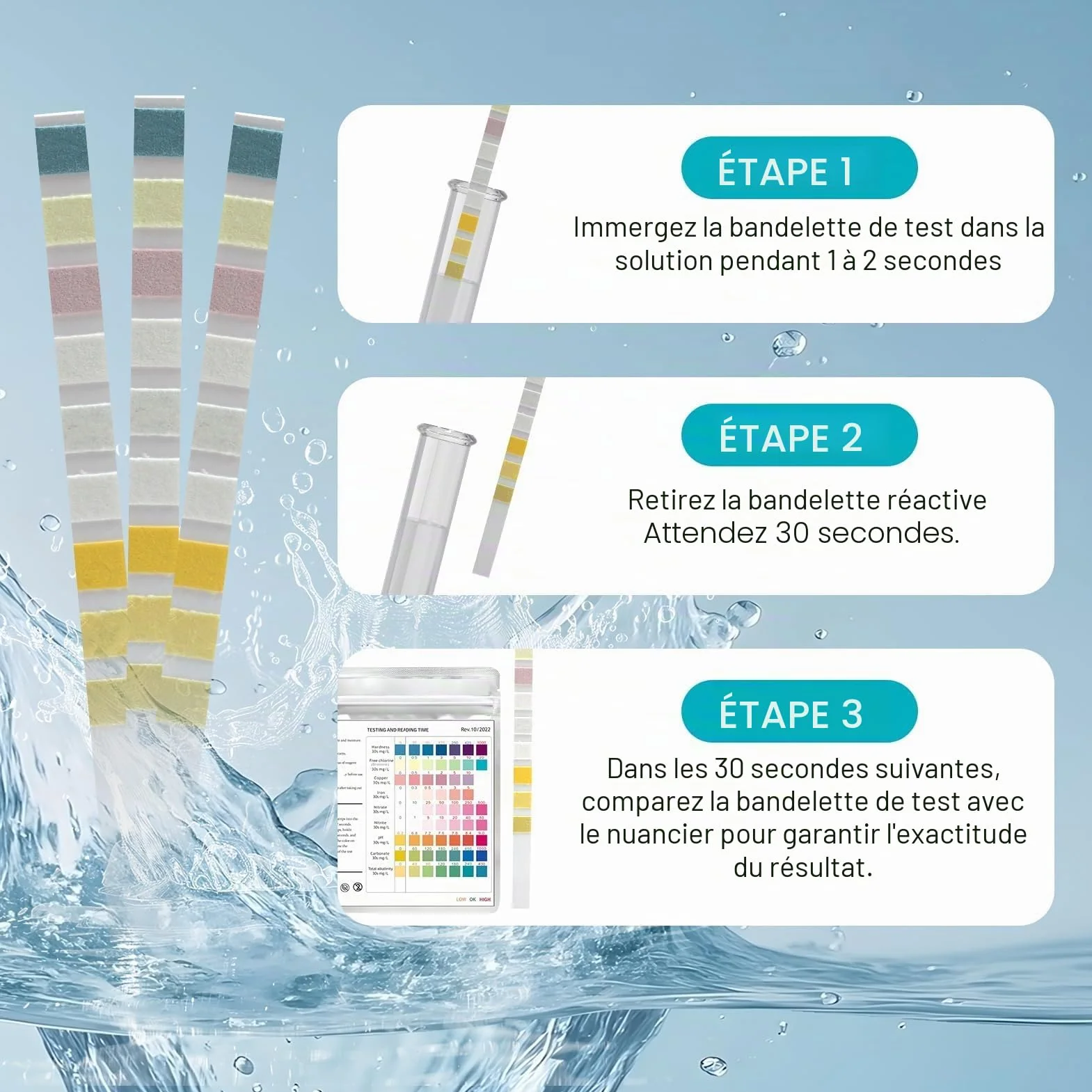 Lot de 100 Bandelettes Test Eau Aquarium 9 en 1, Kit pour Eau Douce et Salée, Test Nitrite Nitrate pH GH KH Chlore Cuivre Fer avec Tube et Thermomètre