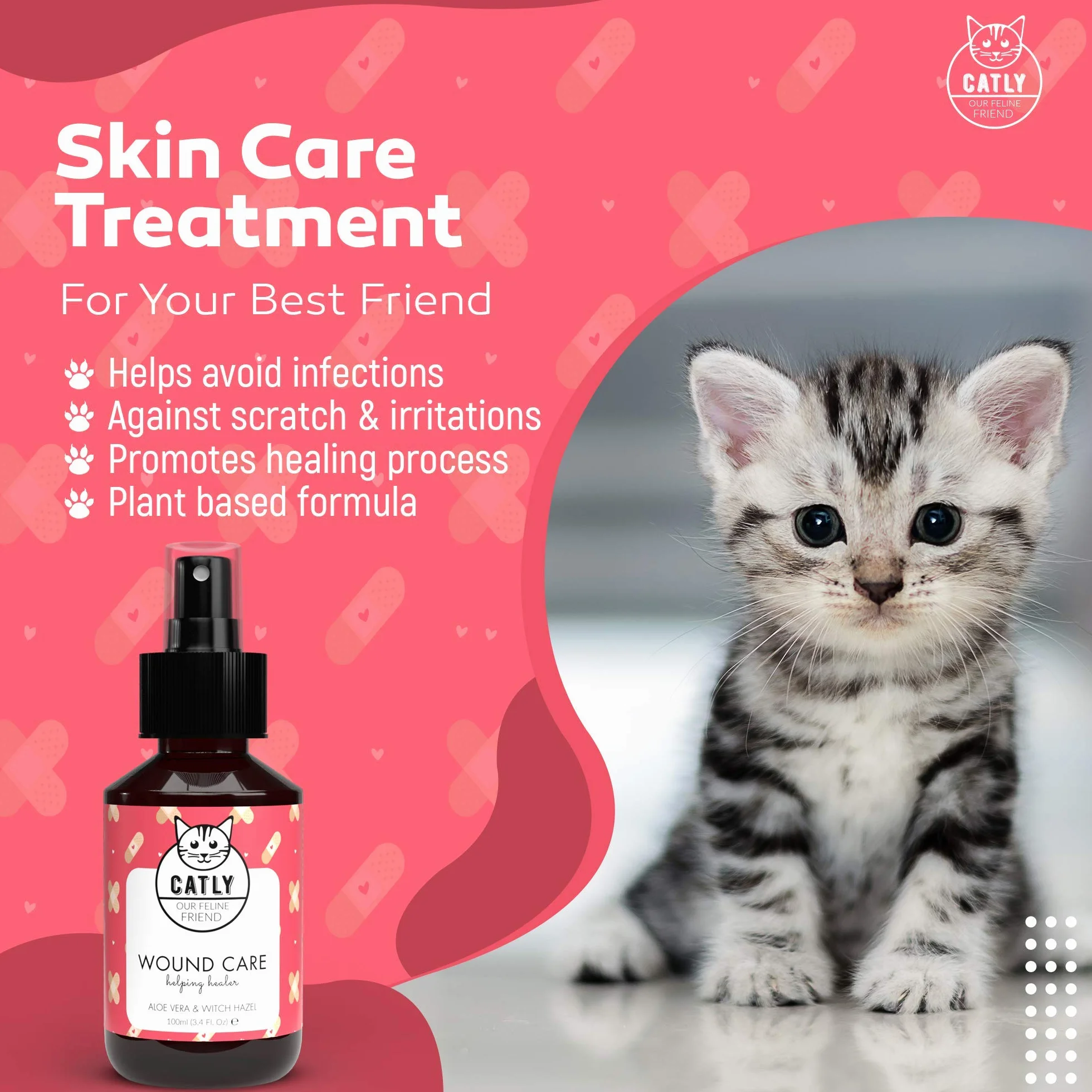 CATLY Spray Nettoyant de Plaie pour Chat - Hygiène et Santé du Chat Naturel - Aide au Toilettage - Hydrate et Protège la Peau - À l'Aloe Vera - 100 ml
