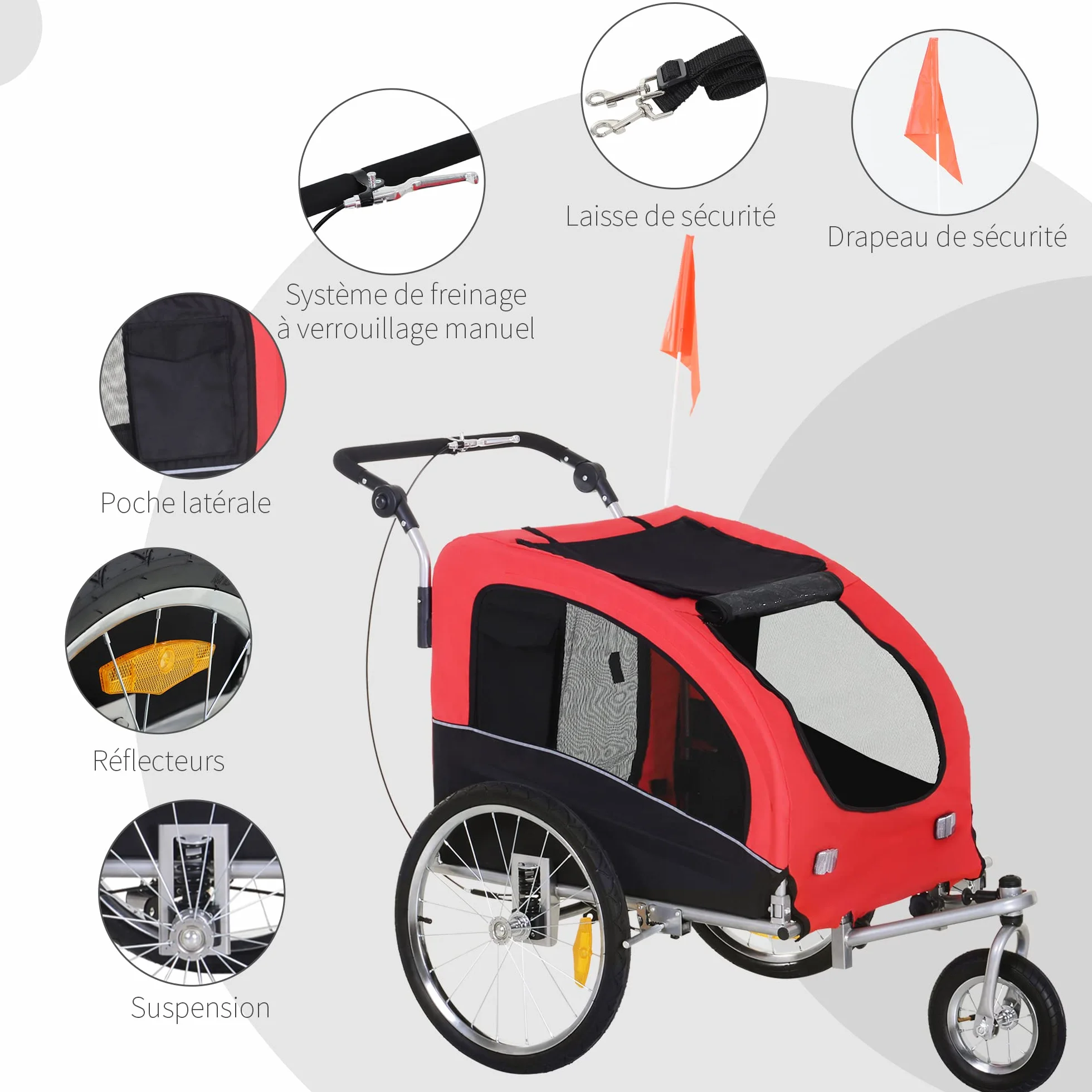 HOMCOM Remorque vélo Jogger 2 en 1 pour Animaux, Roue Avant pivotante, Réflecteurs, Barre d'attelage, Rouge Noir
