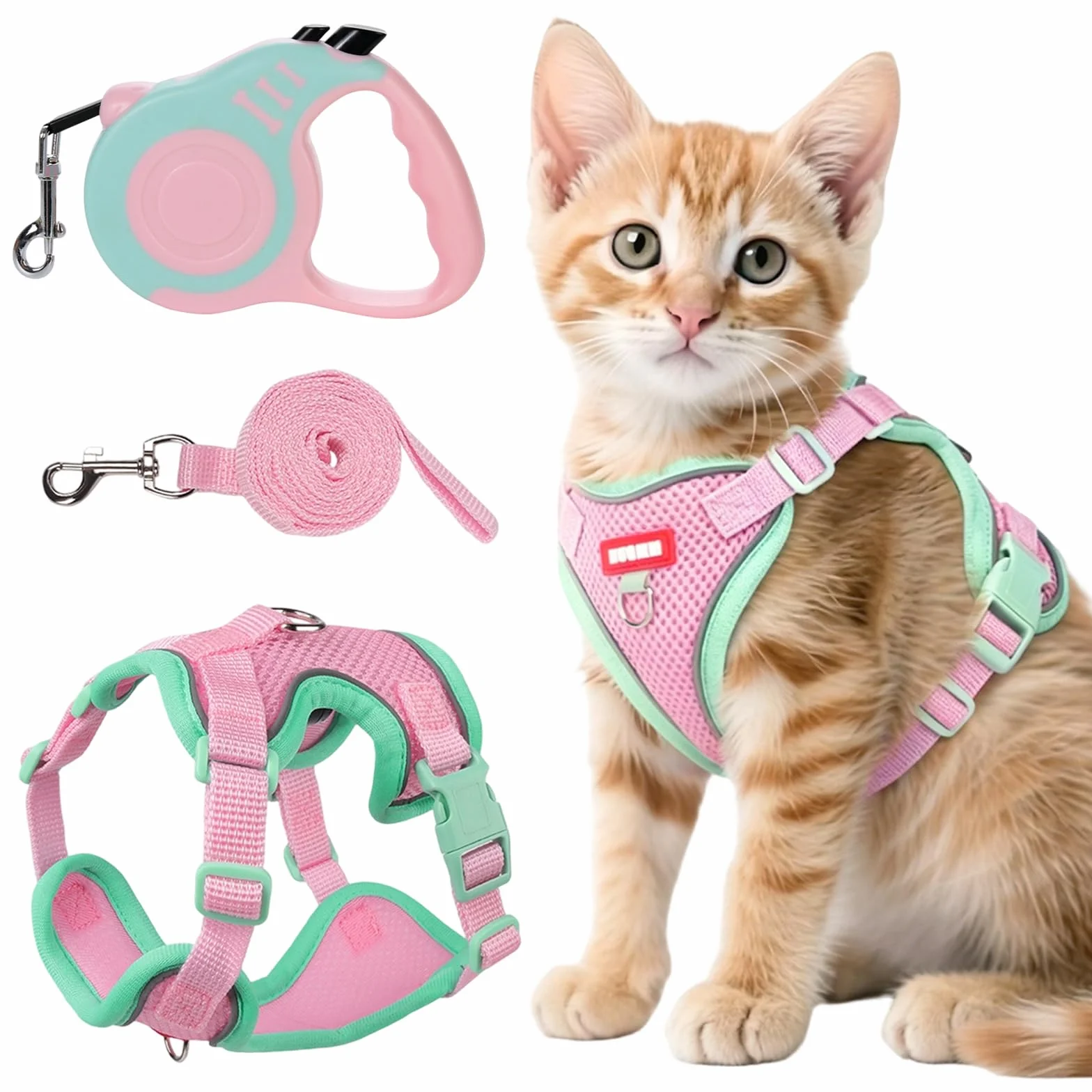 Harnais Chat avec Laisse Rétractable 3m, Réglable pour Chaton, Rose