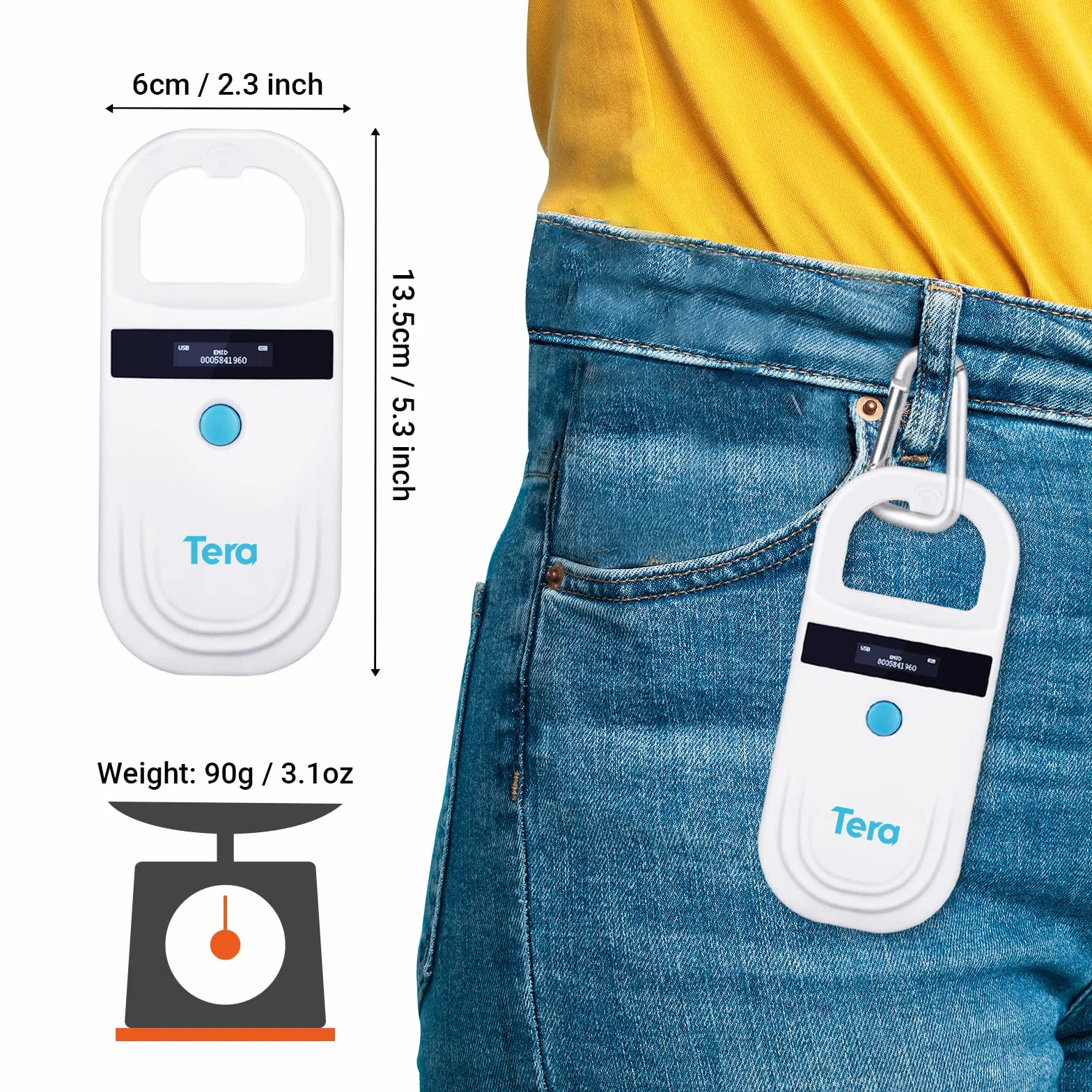 Tera Porte Adresse pour Animaux Lecteur de Puce pour Animaux Scanner RFID Portable Animal puce ID Scanner avec écran OLED Rechargeable avec Boucle D