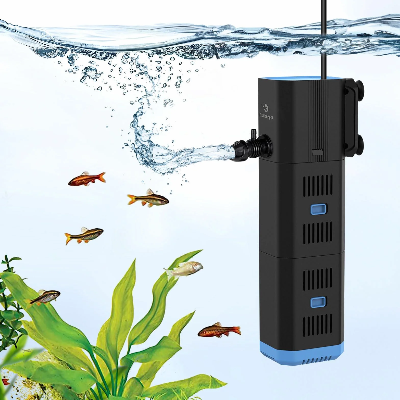 fishkeeper Filtre d'aquarium intérieur réglable 500L/H 6W 4 en 1 Pompe oxygène Machine à Ondes