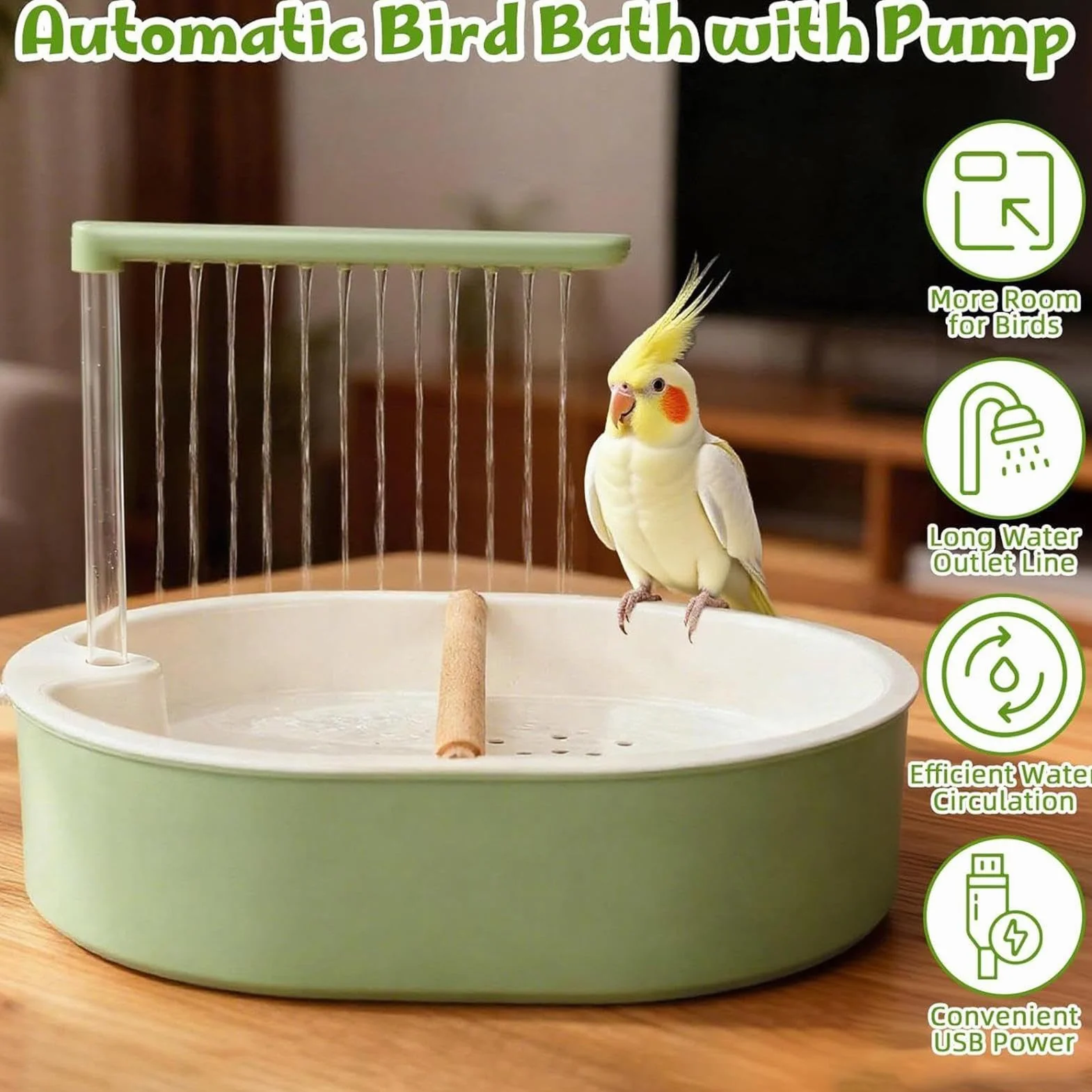 Douche pour Perroquet Automatique avec Eau en Circulation, Pompe Silencieuse et Chargement USB