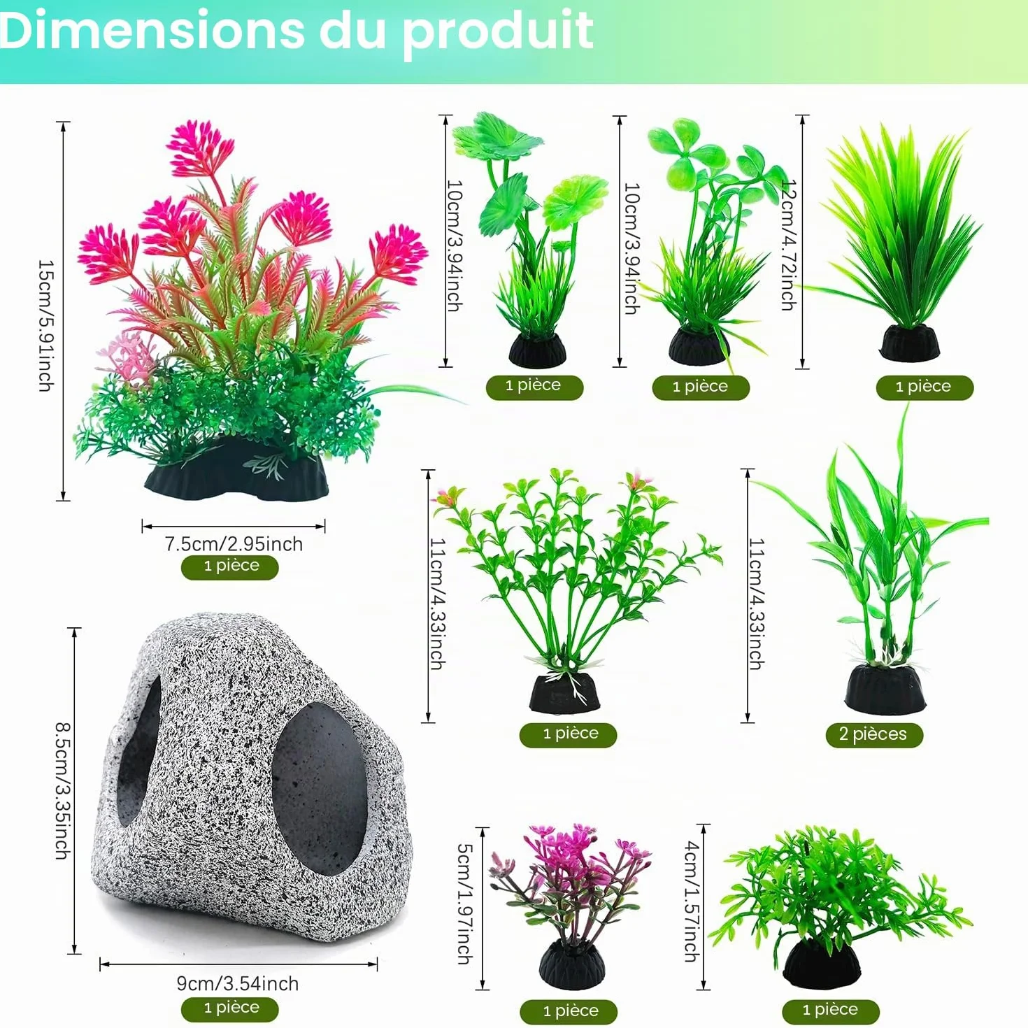 SLOCME Ensemble de 10 pièces de roches et de plantes pour aquarium - Décorations en plastique colorées et abris en céramique