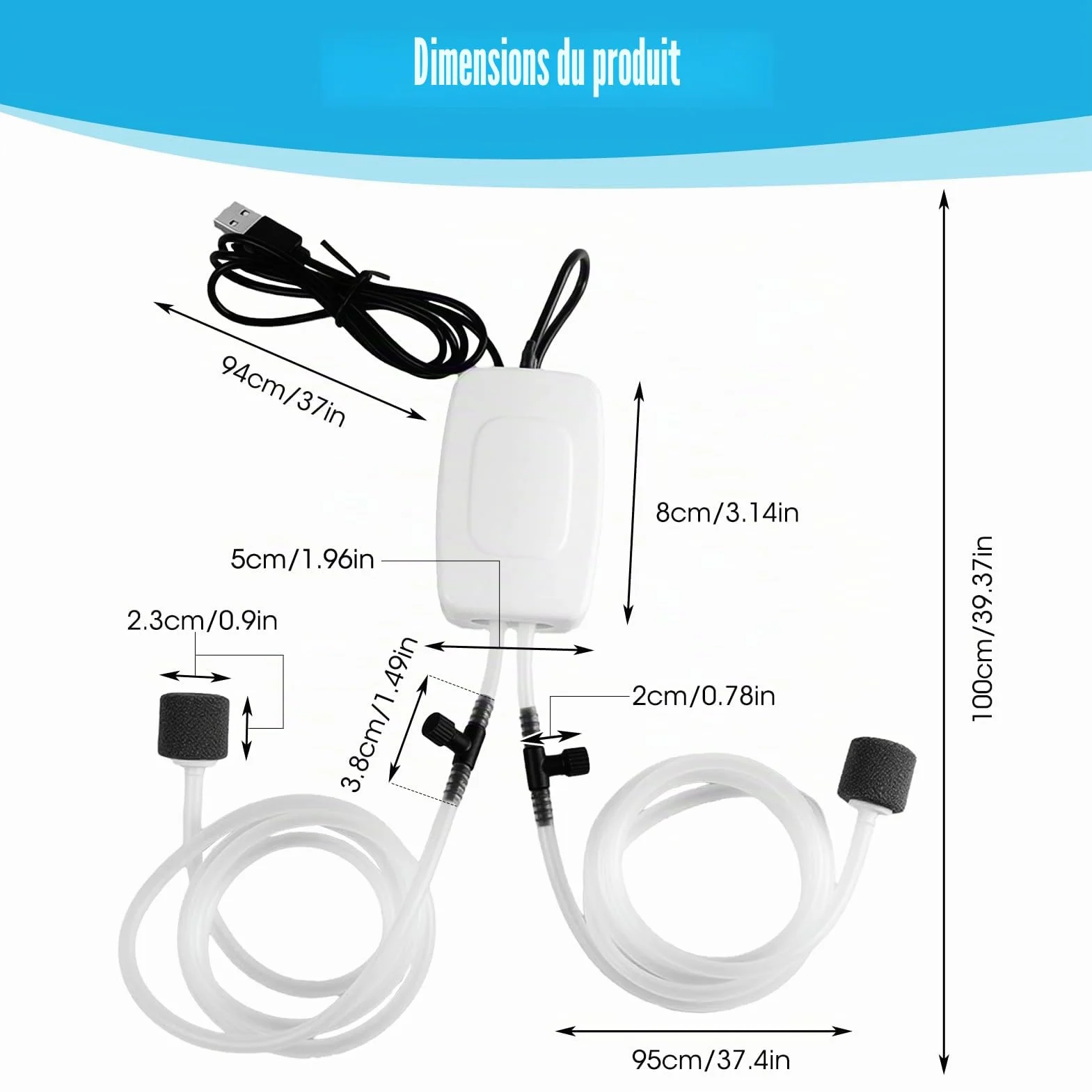 Pompe à air USB Double Pierre à air Mini Pompe à oxygène 1 W Portable pour Aquarium