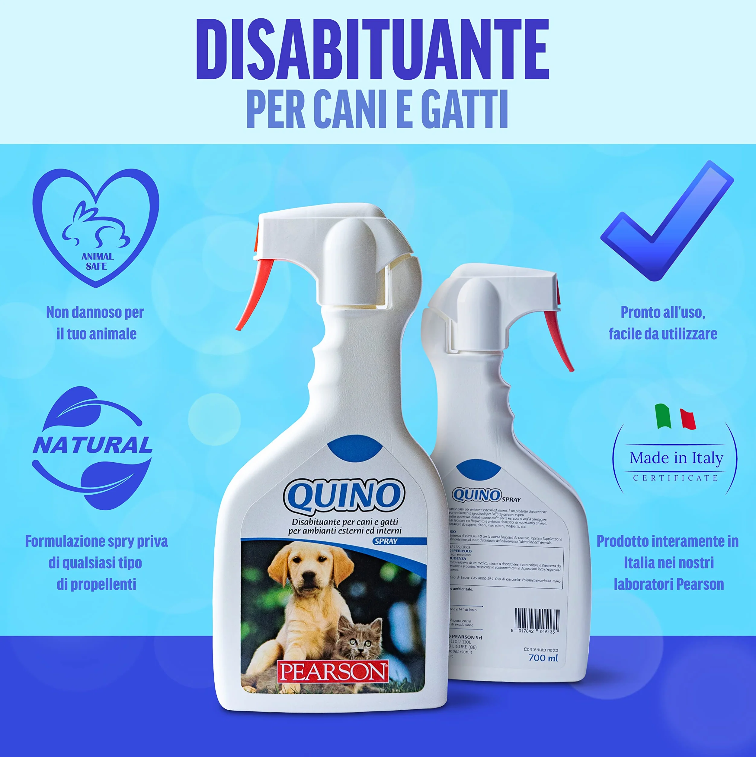 PEARSON Repulsif Chat Exterieur et Intérieur 700ML, Anti Urine Chat Chien, Spray Dissuasif Made in Italy