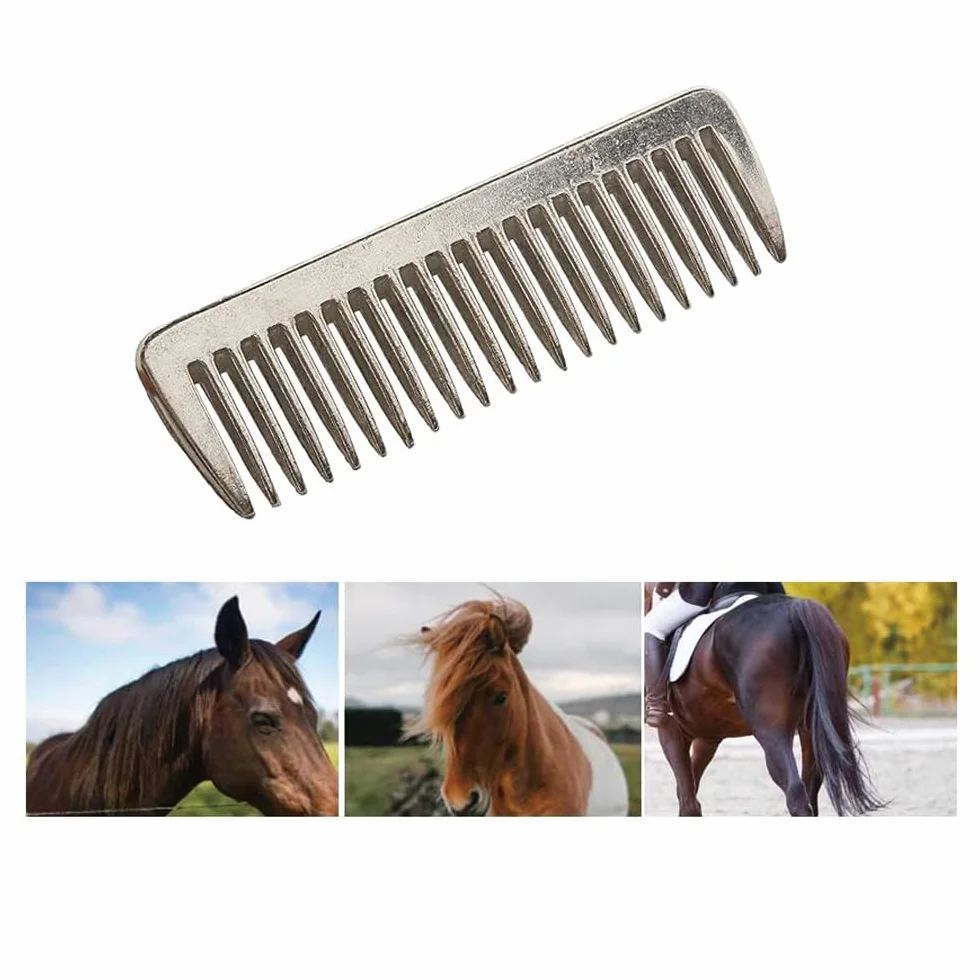 Peigne de toilettage en métal pour cheval argenté