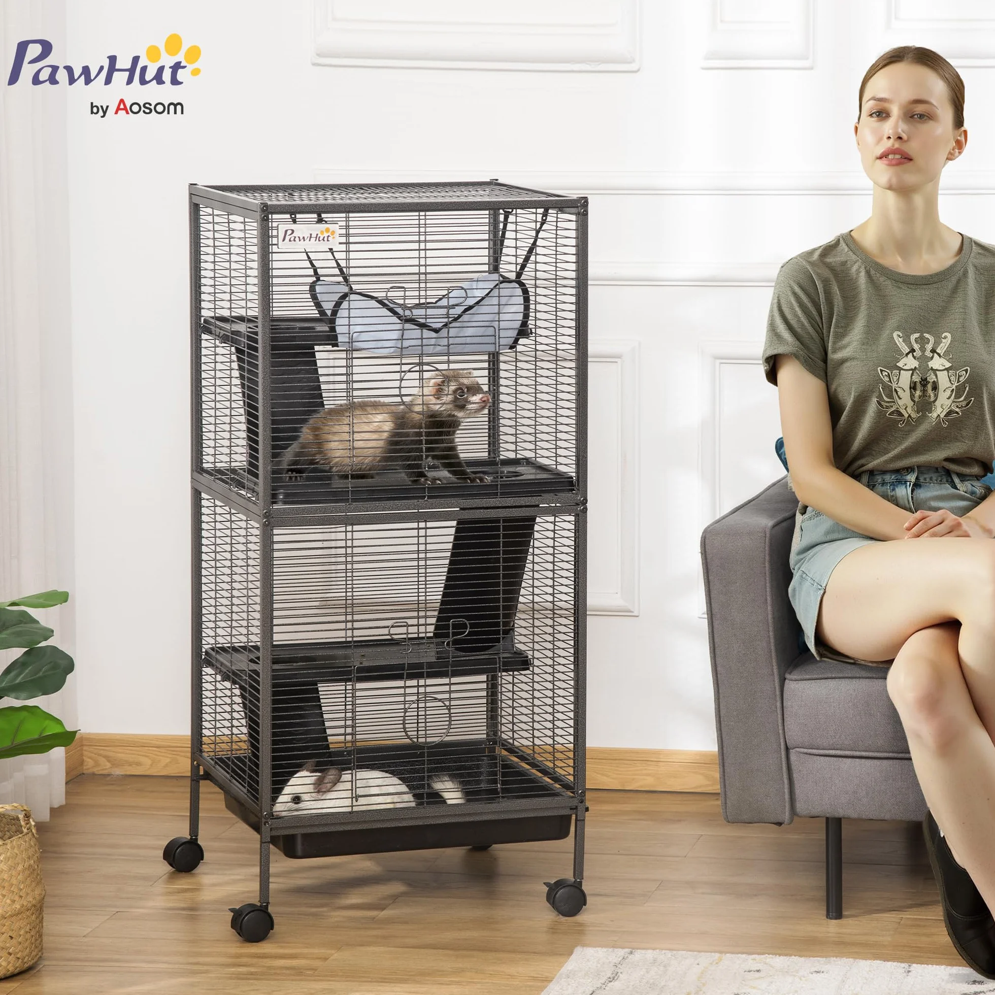 PawHut Cage pour Petits Animaux Portable 4 Niveaux Chinchilla Furet avec Roulettes 52 x 52 x 113,5 cm Gris