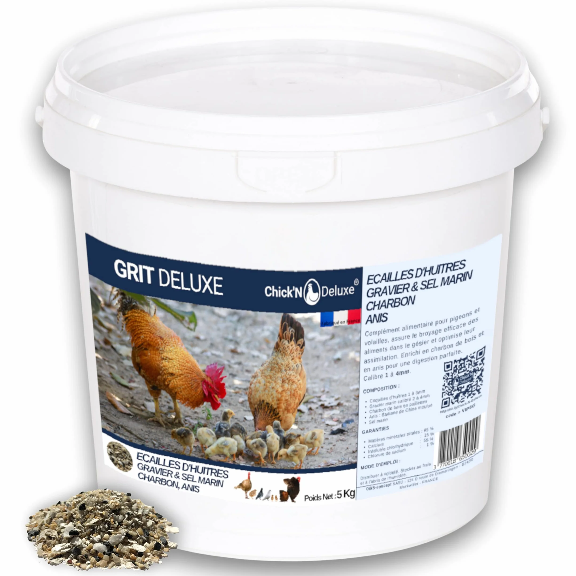 Chick'N Deluxe® Grit Deluxe 5kg Complément Alimentaire Pigeons Volailles Minéraux Charbon Actif Anis Digestion Coquille d'oeuf