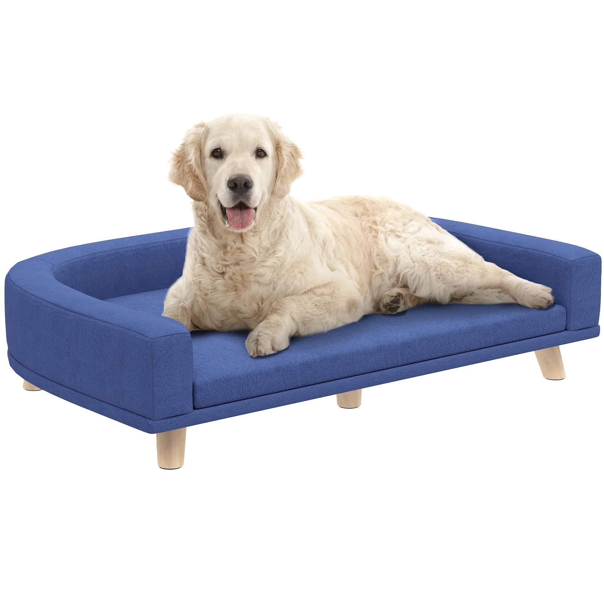 PawHut Canapé Chien Lit pour Chien avec Coussin Déhoussable Housse Lavable Design Scandinave Tissu Polyester Pieds Bois 98 x 67 x 25 cm Bleu