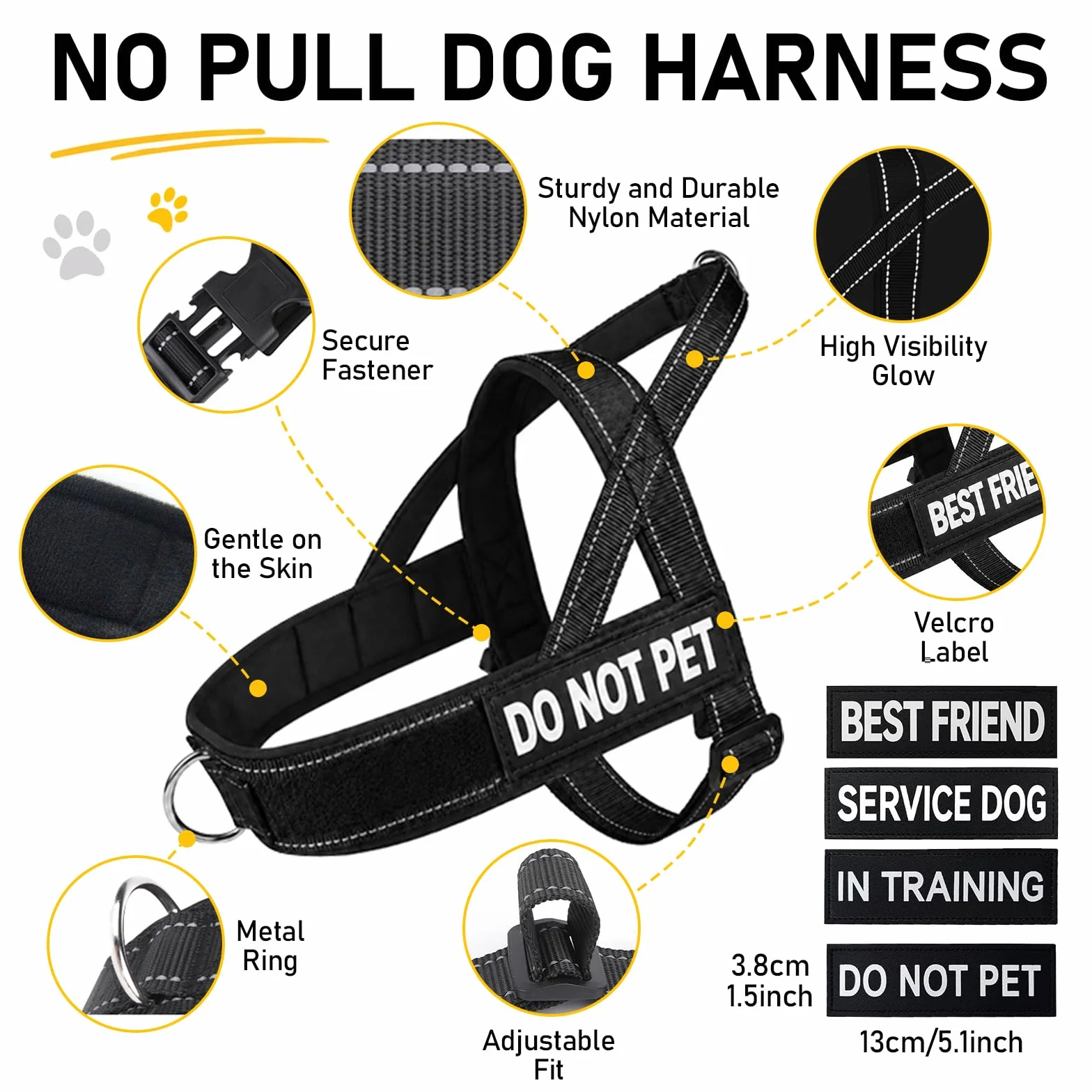 Harnais Chien Anti Traction Réglable avec Poignée de Contrôle Réfléchissant Noir L