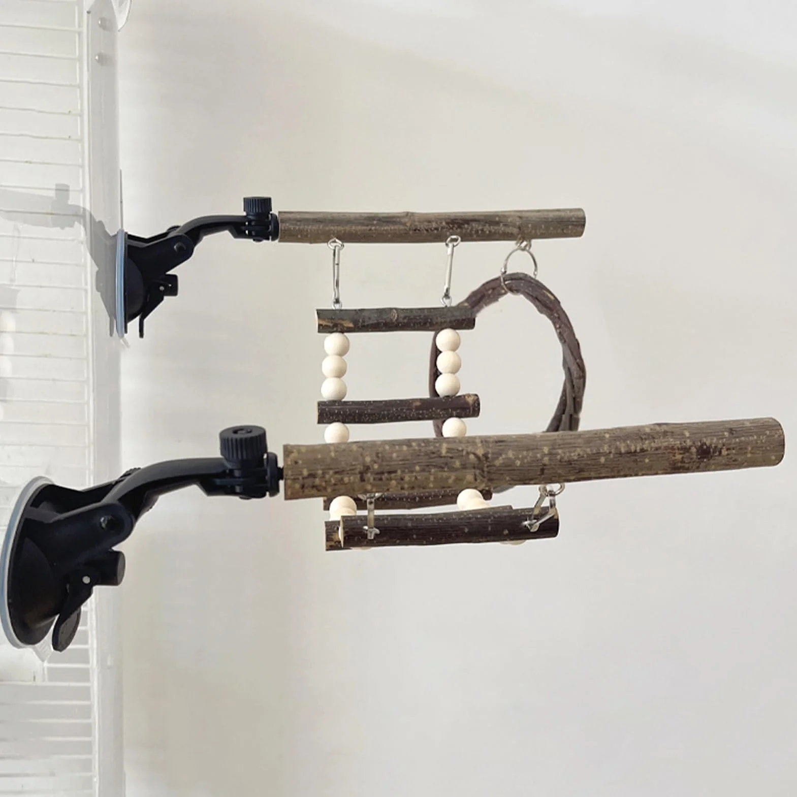 Perchoir à Oiseaux pour fenêtre – Support à Ventouse réglable en Bois avec balançoire et échelle